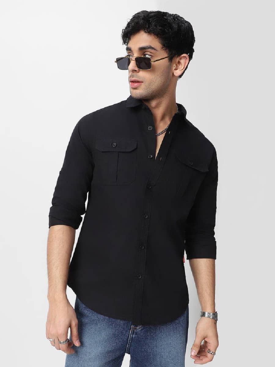IQIVLI Cotton Blend Regular Fit Solids Full Sleeves Men's Casual Shirt - Black ( Pack of 1 )