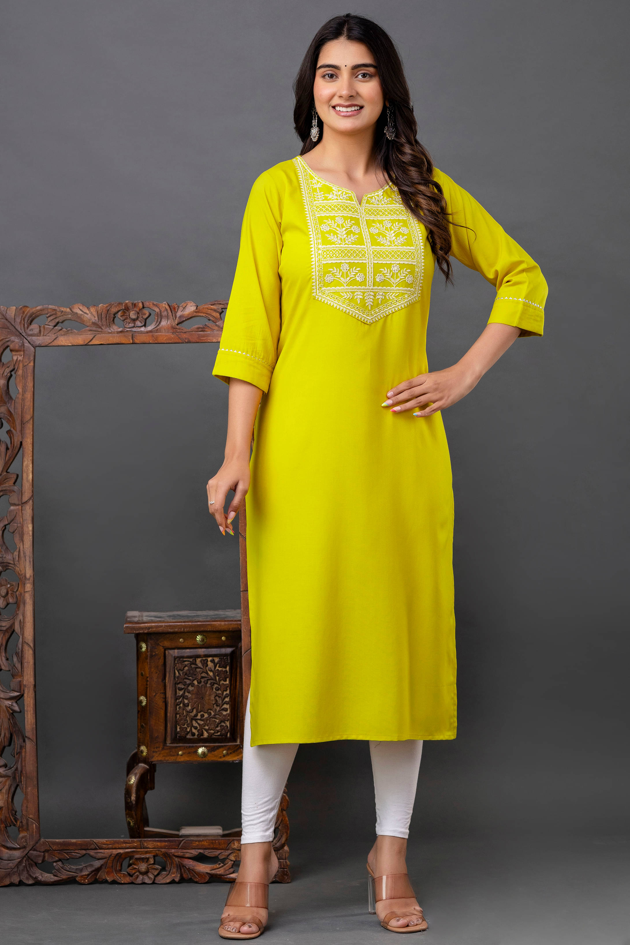     			Kapadia Pack of 1 Rayon Embroidered Straight Women's Kurti - ( Yellow )