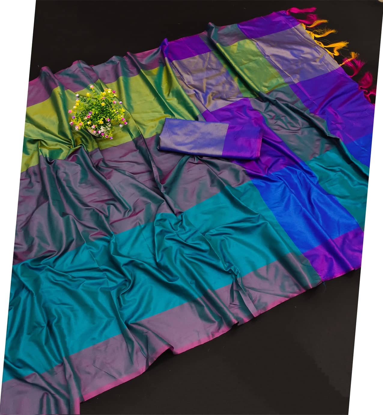 Magneitta Cotton Silk Colorblock Saree With Unstitched Blouse Piece ( Rama ) - Sarees | Buy online on ZillyBuy