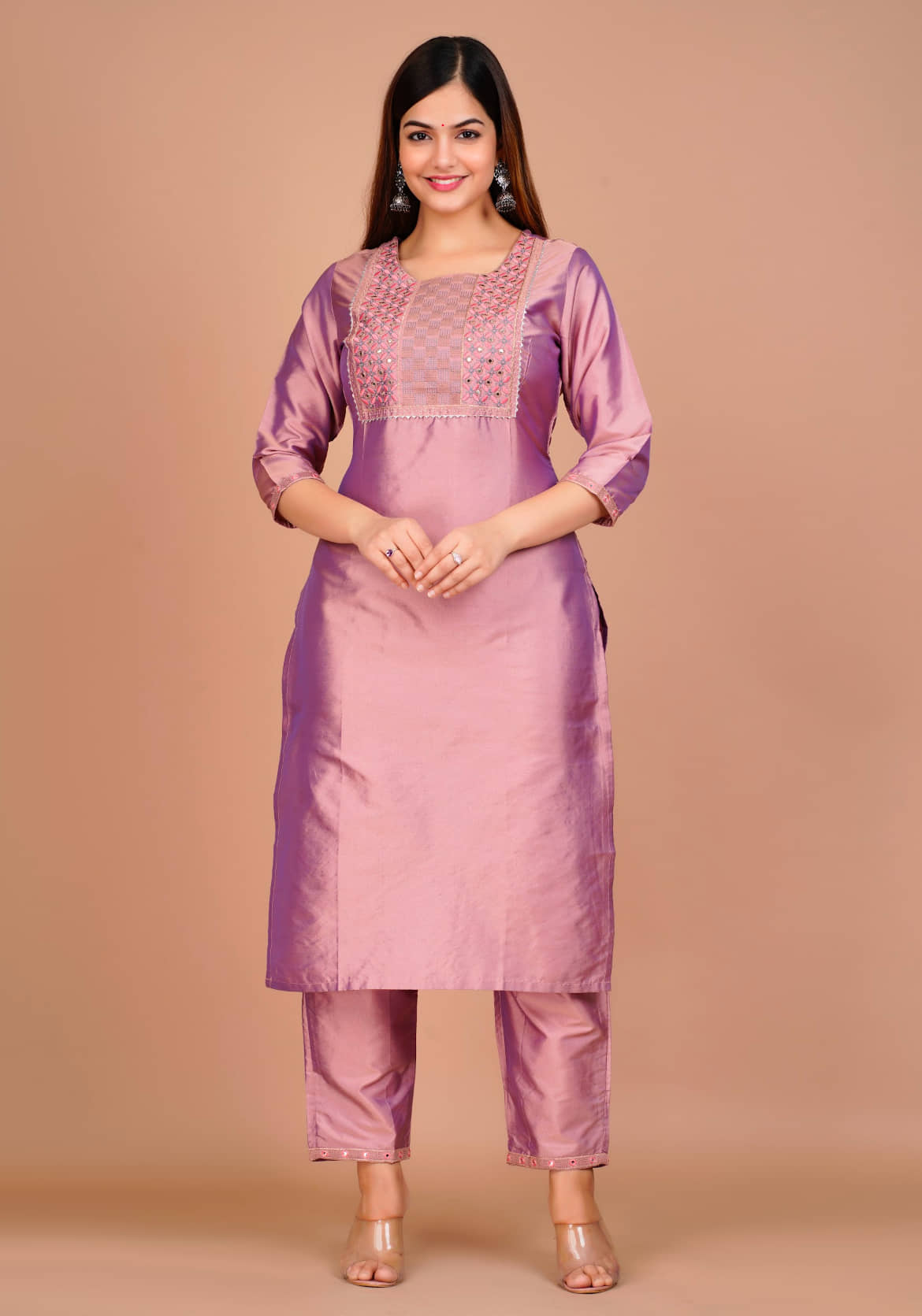 RAMBAAN CREATION Silk Blend Embroidered Kurti With Pants Women's Stitched Salwar Suit - Maroon ( Pack of 1 )