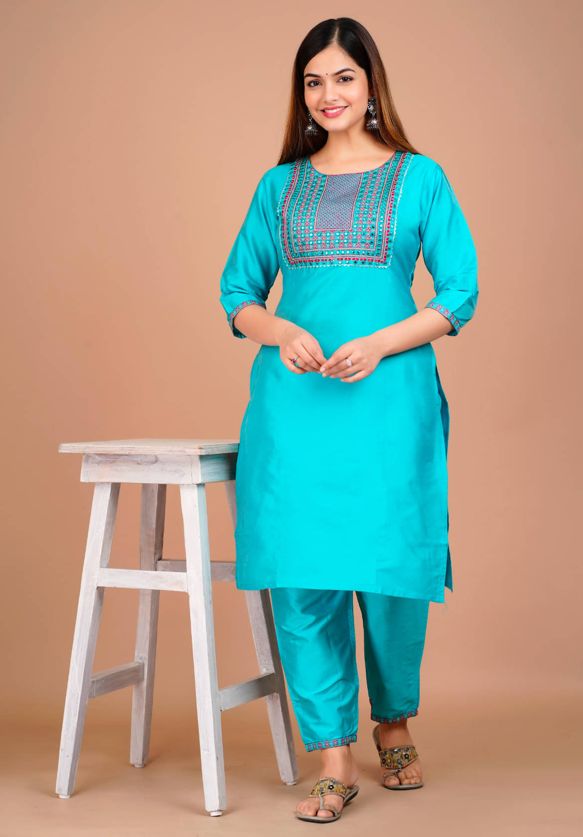 RAMBAAN CREATION Silk Blend Embroidered Kurti With Pants Women's Stitched Salwar Suit - Turquoise ( Pack of 1 ) RAMBAAN CREATION Silk Blend Embroidered Kurti With Pants Women's Stitched Salwar Suit - Turquoise ( Pack of 1 )