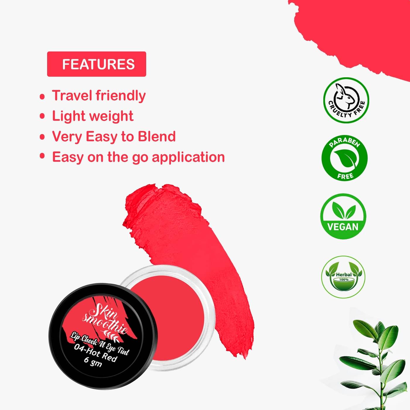     			SKIN SMOOTHIE Matte Lip, Cheek and Eye Tint, 6g, Hot Red, (Pack of 1)