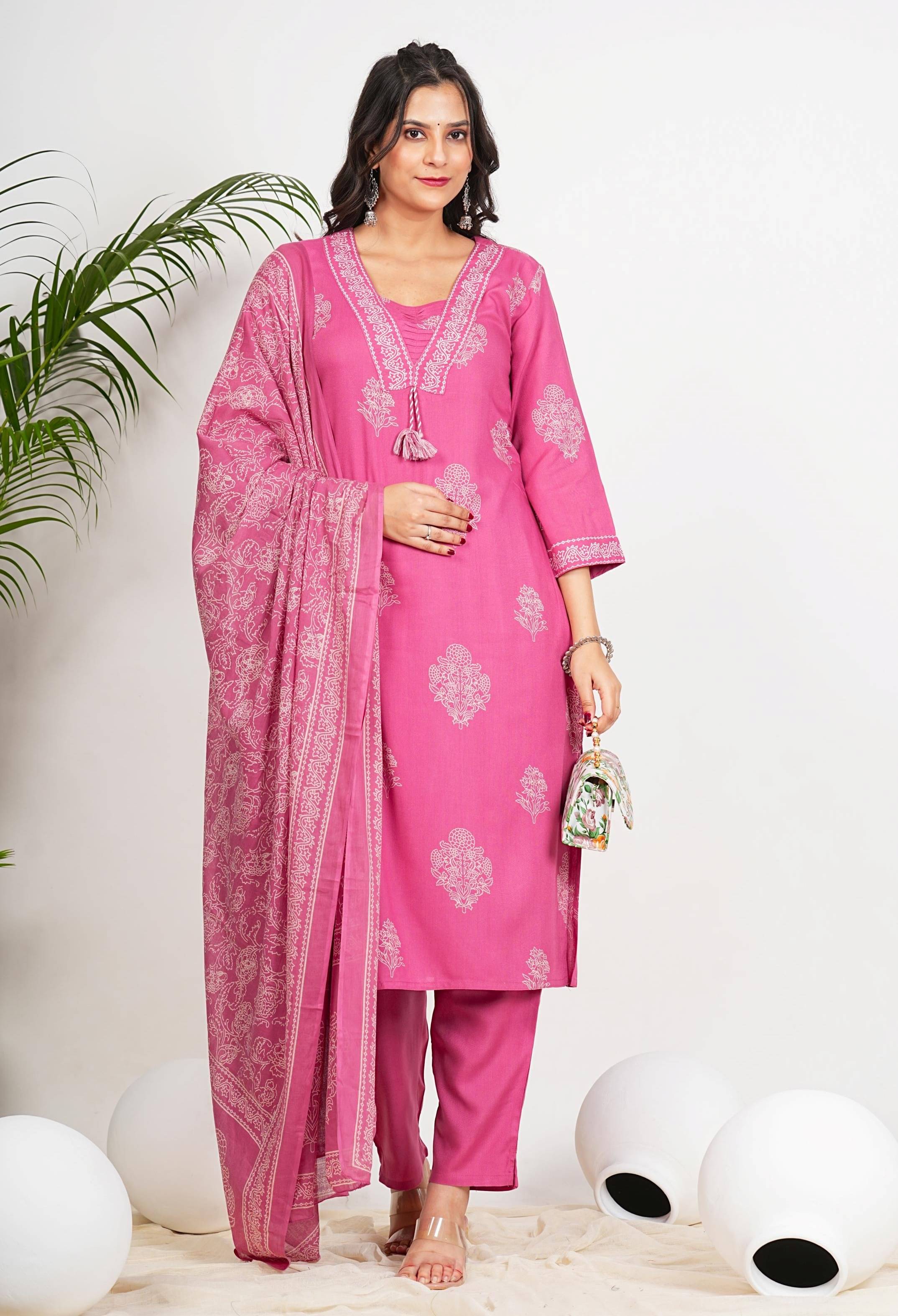     			Vbuyz Cotton Printed Kurti With Pants Women's Stitched Salwar Suit - Pink ( Pack of 1 )