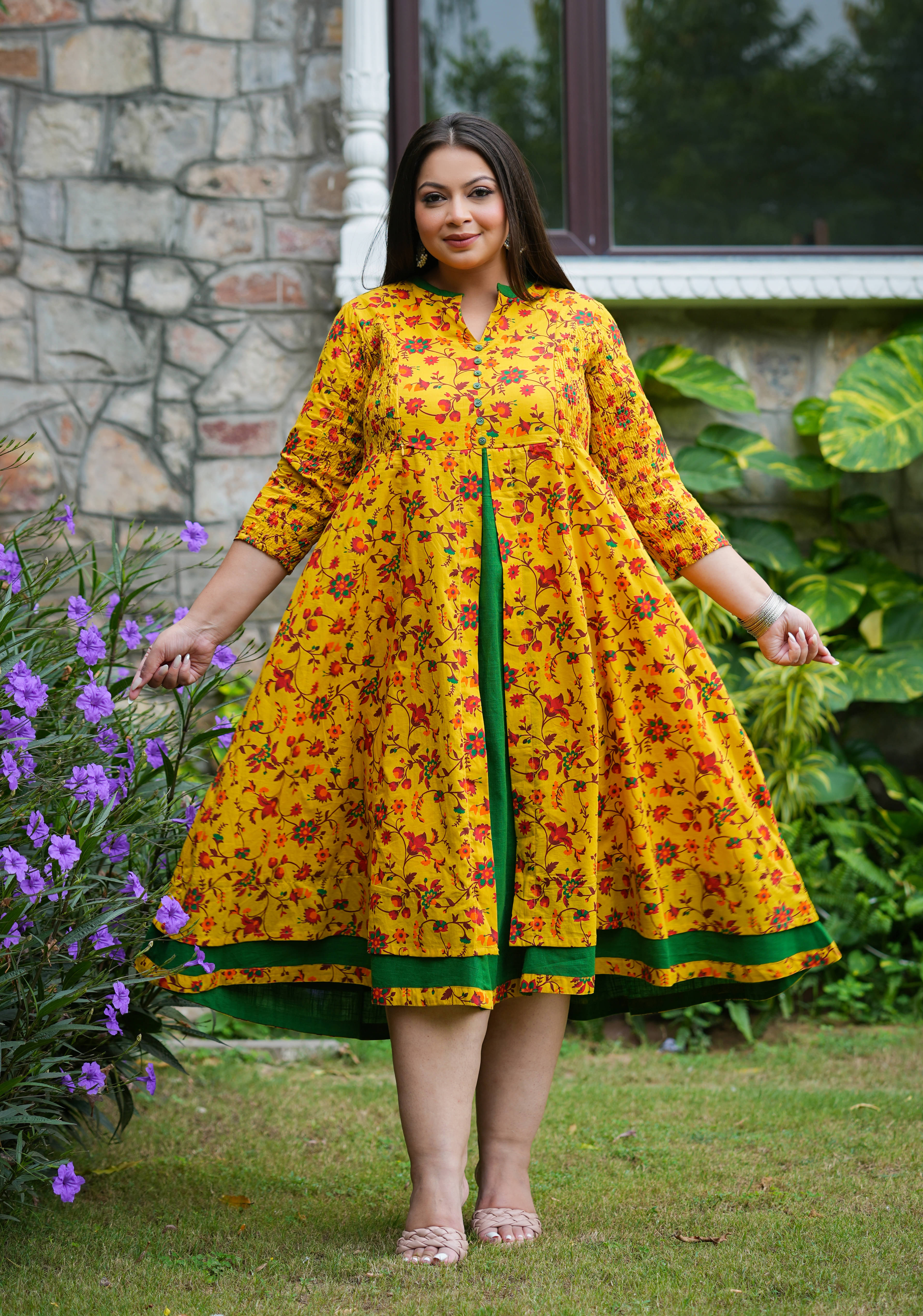     			Yash Gallery Cotton Printed Calf-Length Women's Fit & Flare Dress - Mustard ( Pack of 1 )