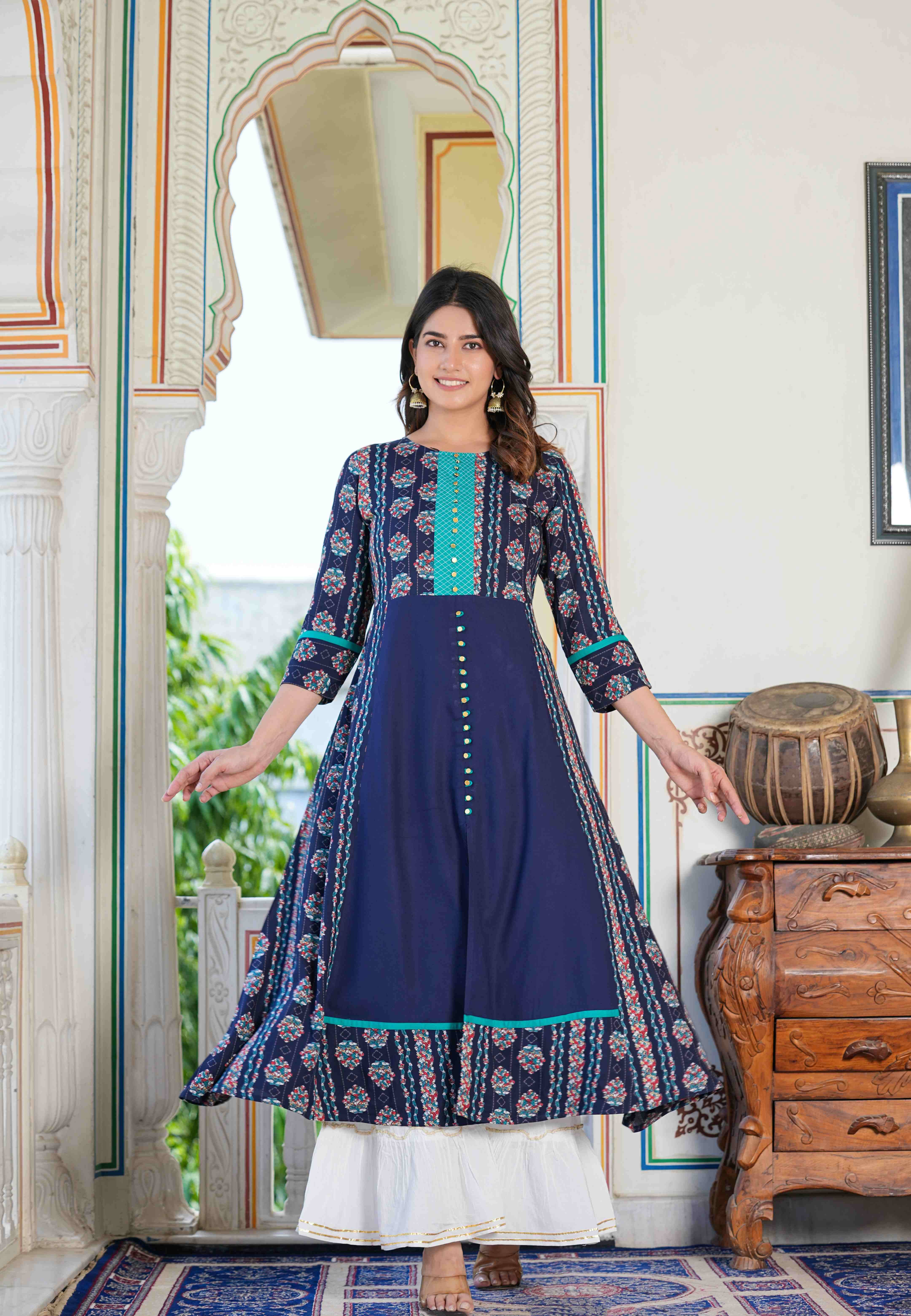 Yash Gallery Pack of 1 Rayon Printed A-line Women's Kurti - ( Blue ) Yash Gallery Pack of 1 Rayon Printed A-line Women's Kurti - ( Blue )