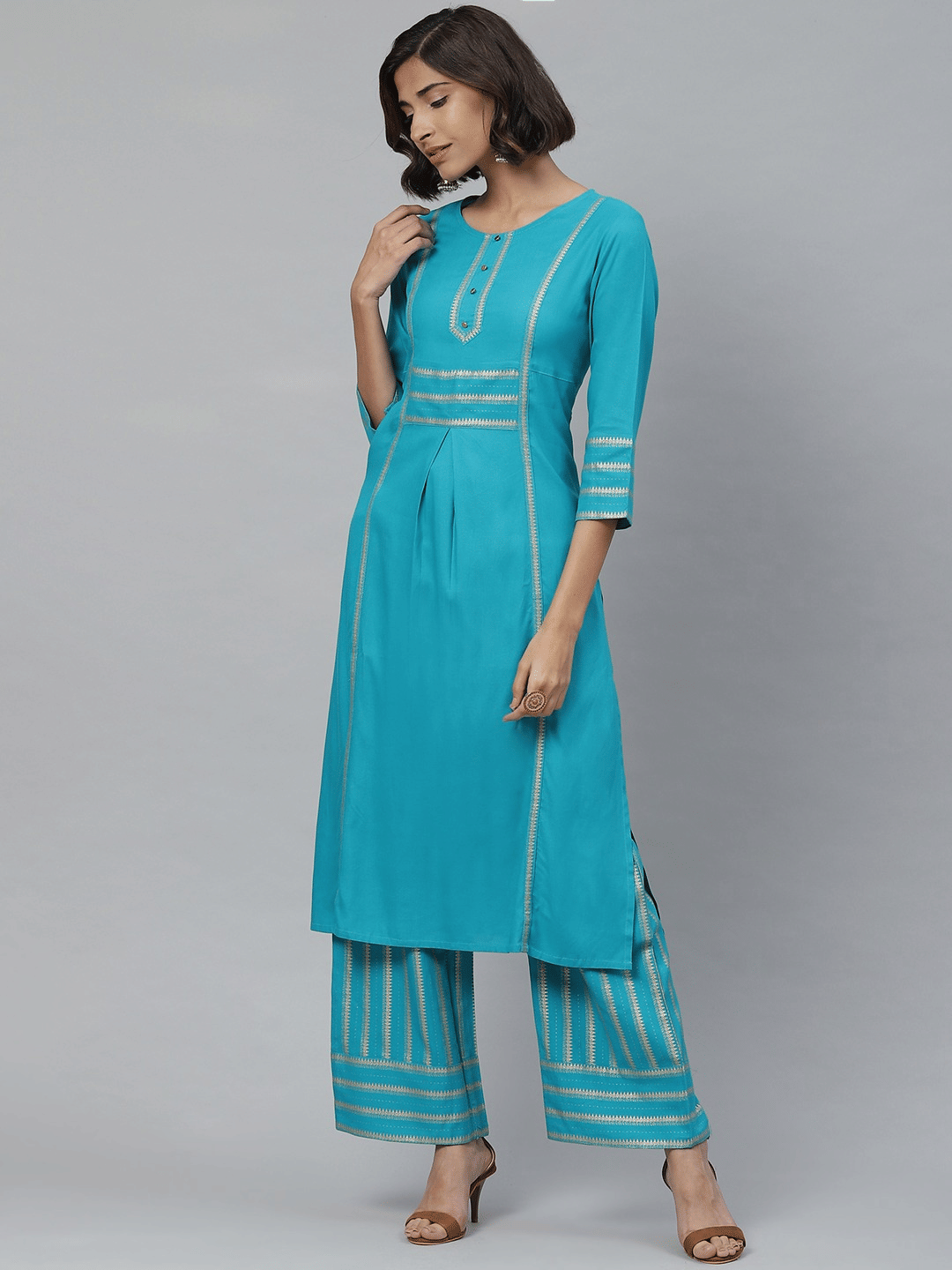 Yash Gallery Rayon Printed Kurti With Palazzo Women's Stitched Salwar Suit - Teal ( Pack of 1 ) Yash Gallery Rayon Printed Kurti With Palazzo Women's Stitched Salwar Suit - Teal ( Pack of 1 )