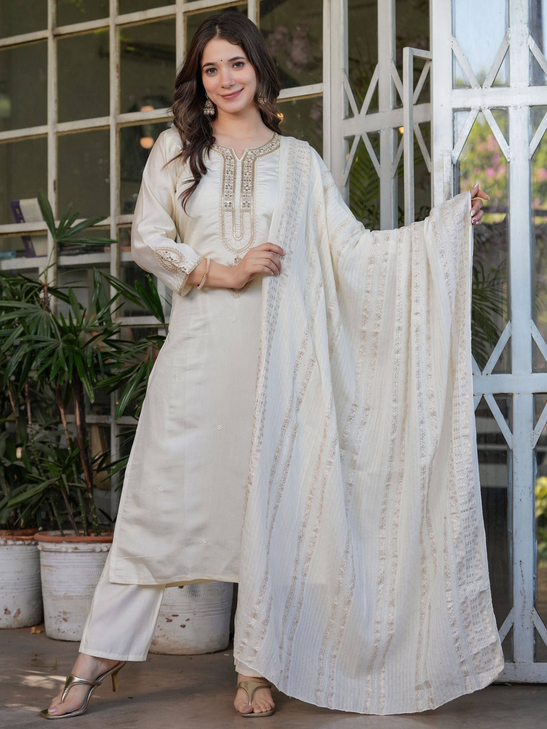     			Eeloo Chanderi Embroidered Kurti With Pants Women's Stitched Salwar Suit - White ( Pack of 1 )