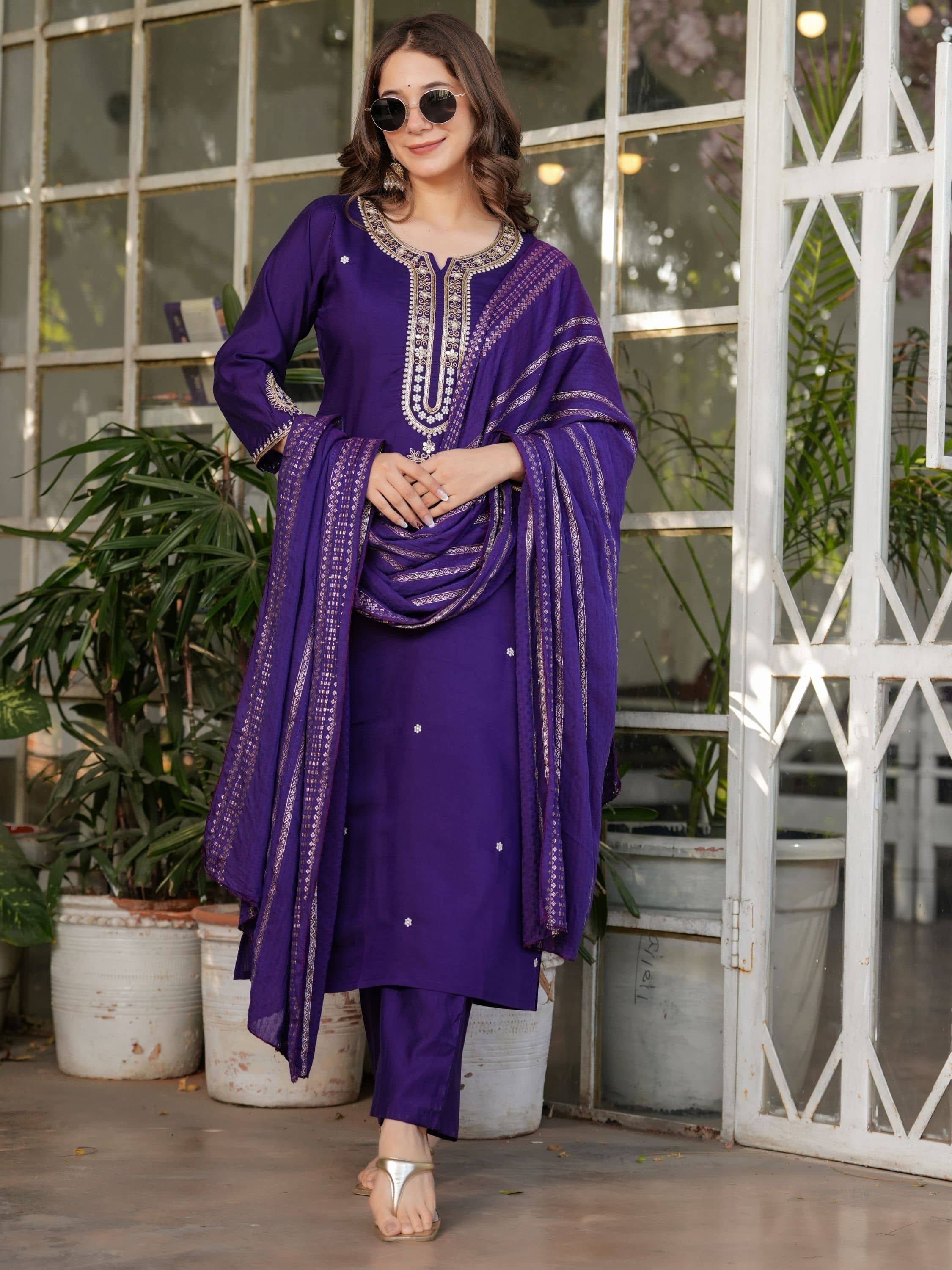 Eeloo Chanderi Embroidered Kurti With Pants Women's Stitched Salwar Suit - Purple ( Pack of 1 )