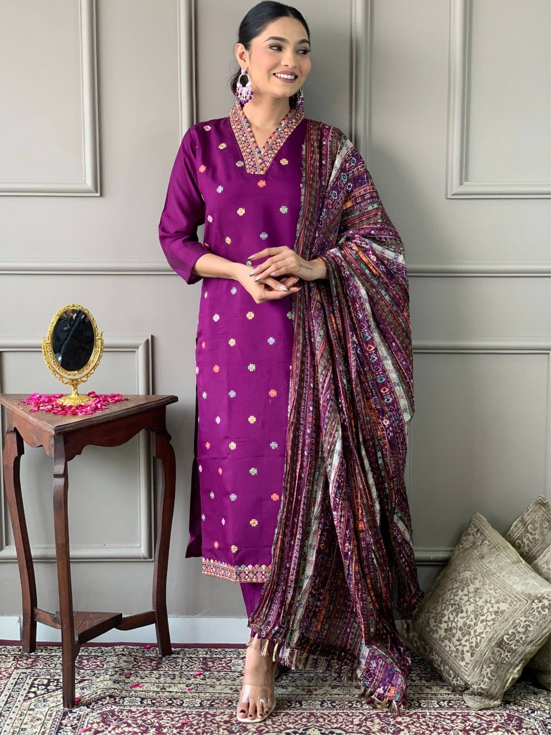 Eeloo Chanderi Embroidered Kurti With Pants Women's Stitched Salwar Suit - Purple ( Pack of 1 ) Eeloo Chanderi Embroidered Kurti With Pants Women's Stitched Salwar Suit - Purple ( Pack of 1 )