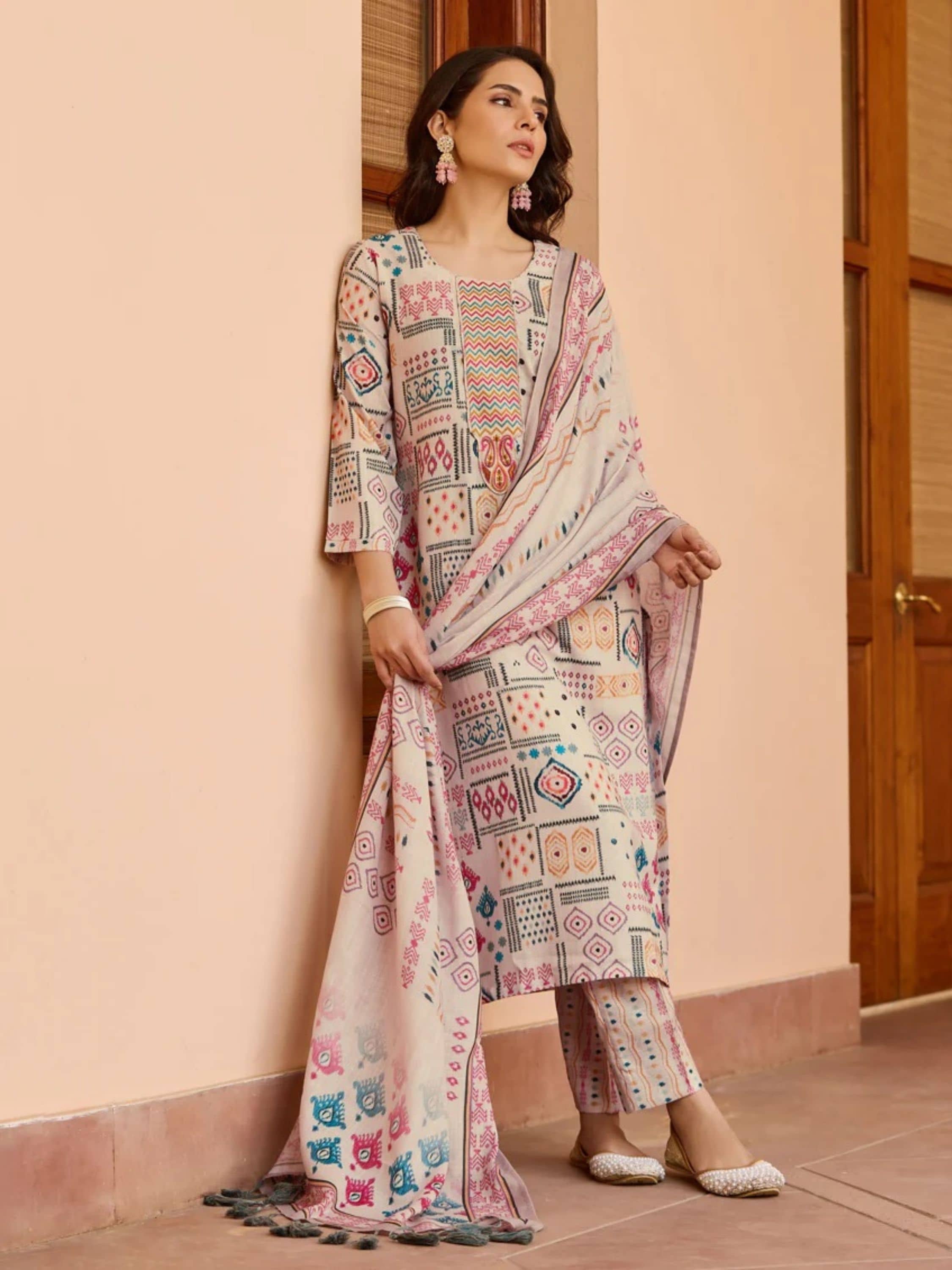 Eeloo Cotton Embroidered Kurti With Pants Women's Stitched Salwar Suit - Multicoloured ( Pack of 1 )