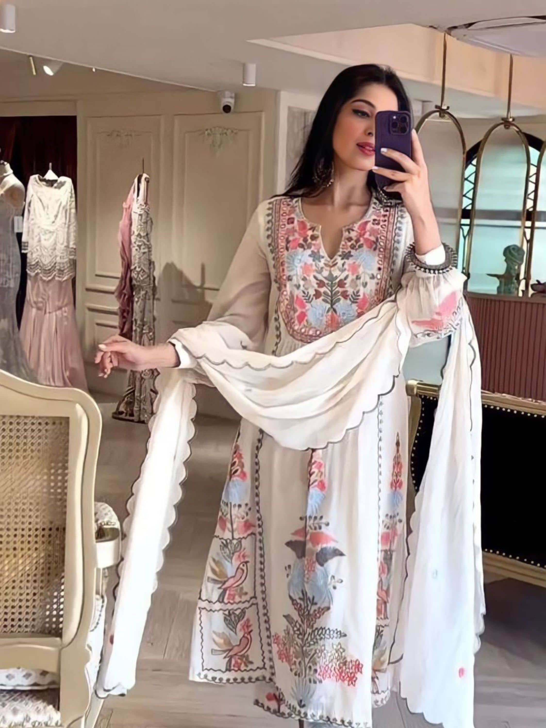 Eeloo Georgette Embroidered Kurti With Pants Women's Stitched Salwar Suit - White ( Pack of 1 )
