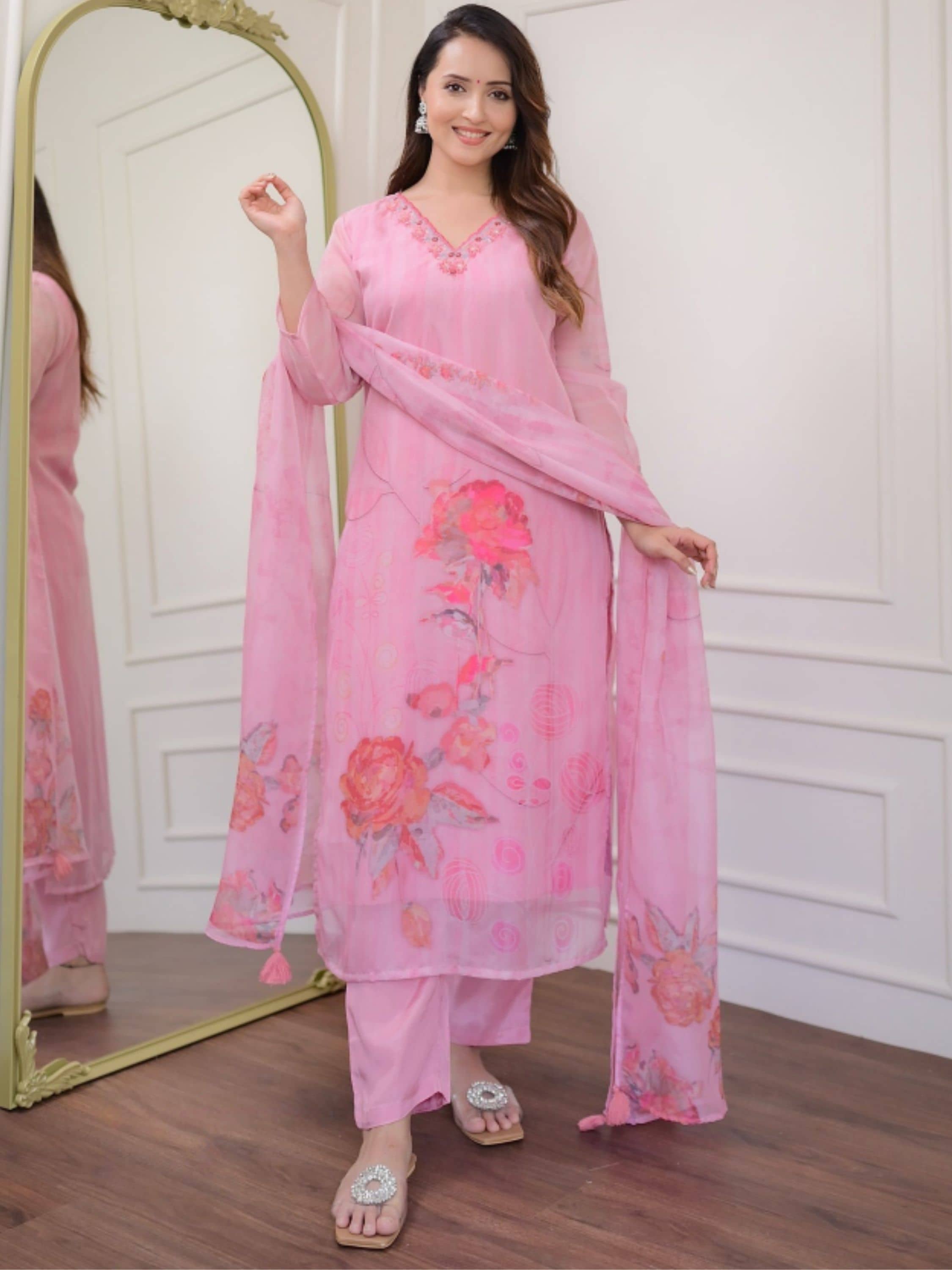 Eeloo Organza Embroidered Kurti With Pants Women's Stitched Salwar Suit - Pink ( Pack of 1 )