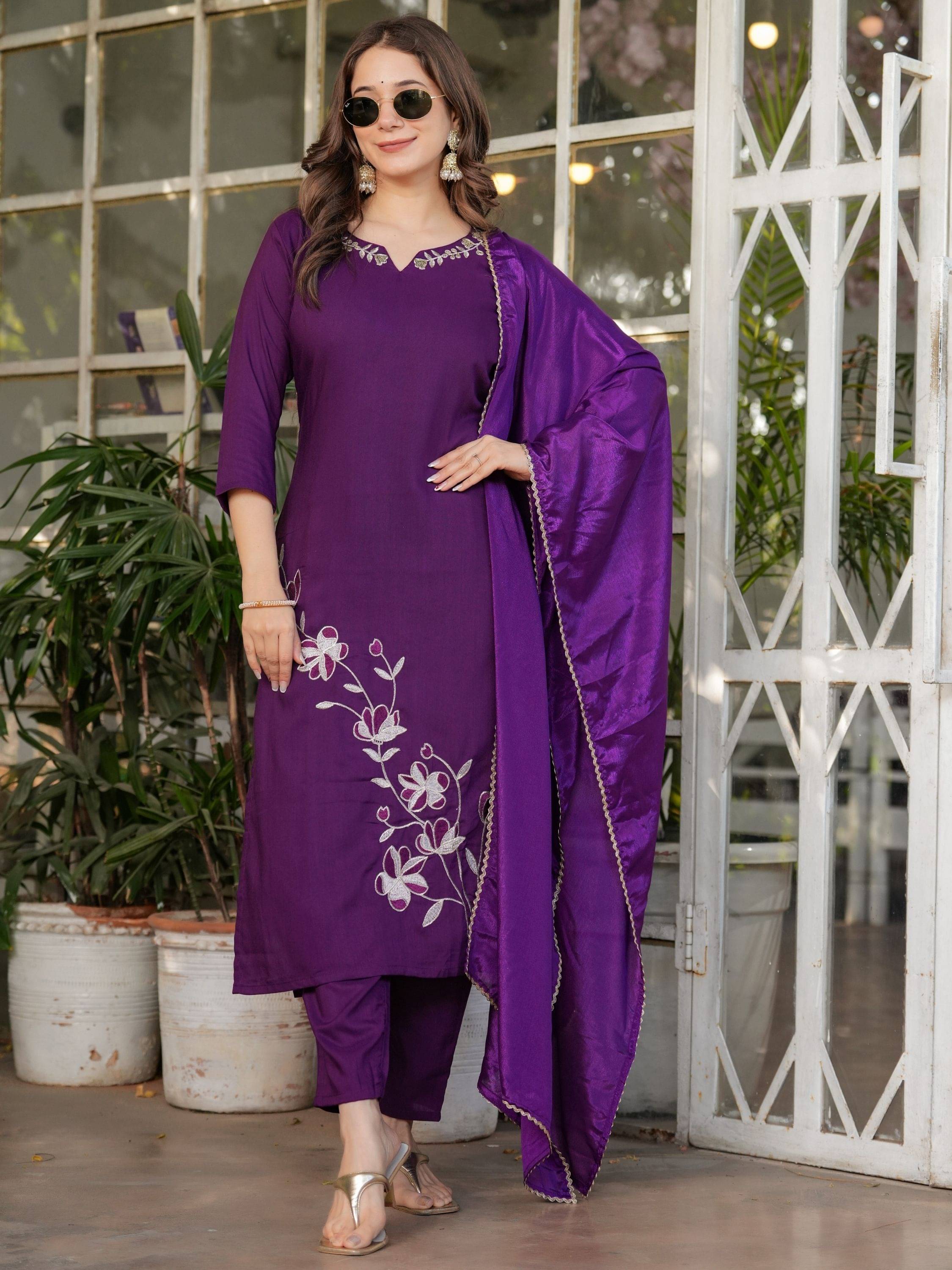 Eeloo Rayon Embroidered Kurti With Pants Women's Stitched Salwar Suit - Purple ( Pack of 1 ) Eeloo Rayon Embroidered Kurti With Pants Women's Stitched Salwar Suit - Purple ( Pack of 1 )