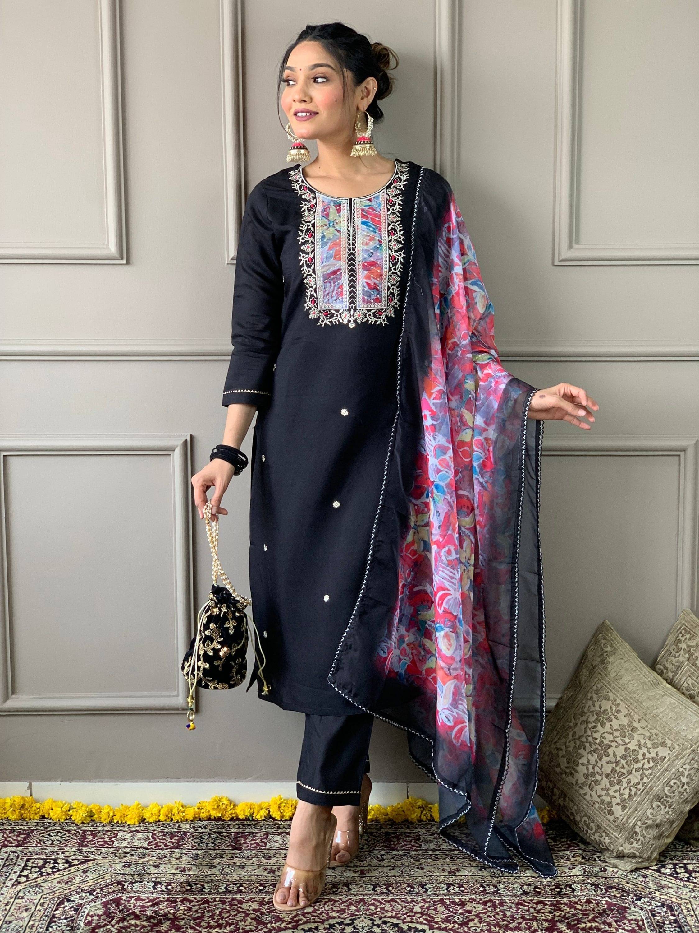     			Eeloo Rayon Embroidered Kurti With Pants Women's Stitched Salwar Suit - Black ( Pack of 1 )