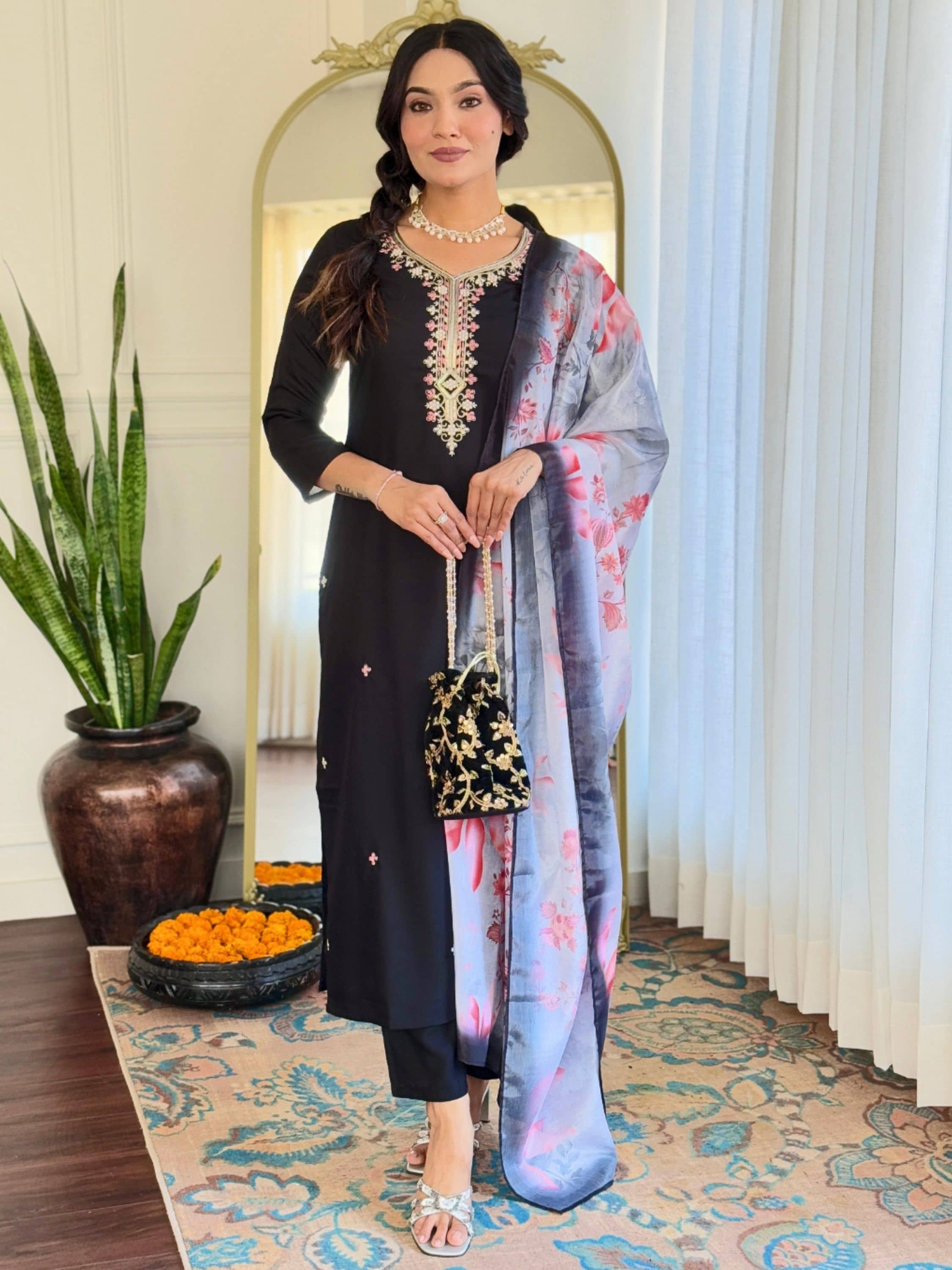 Eeloo Rayon Embroidered Kurti With Pants Women's Stitched Salwar Suit - Black ( Pack of 1 )