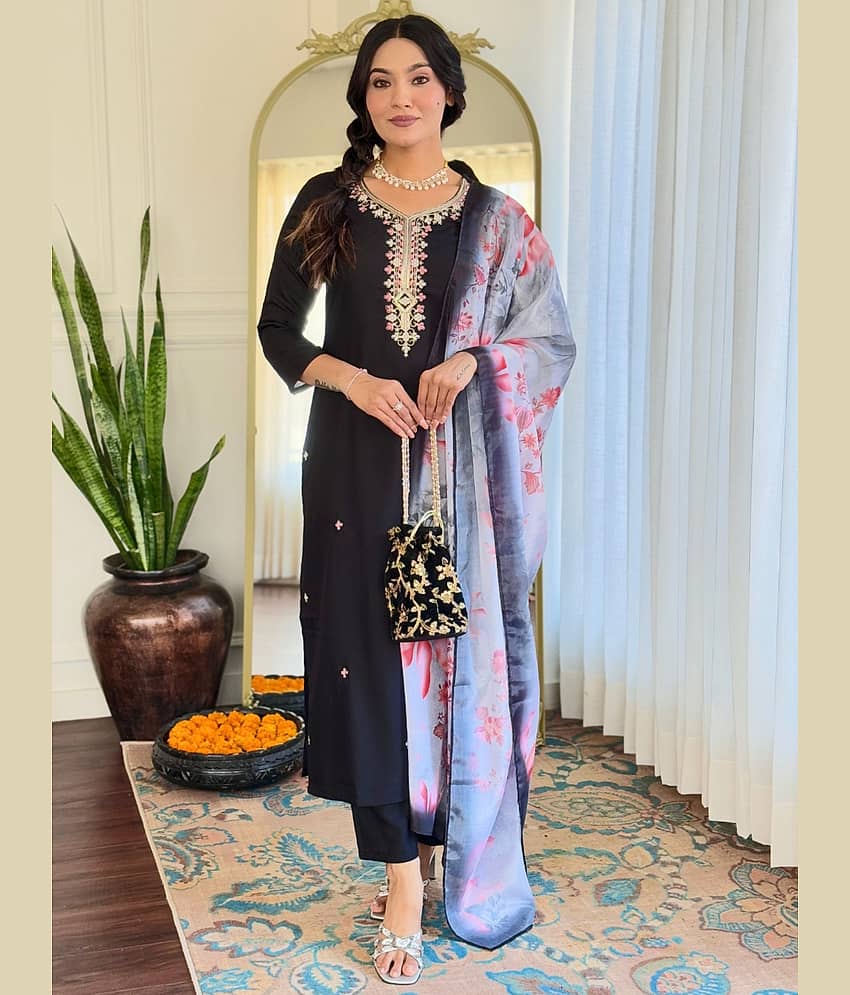 Eeloo Rayon Embroidered Kurti With Pants Women's Stitched Salwar Suit - Black ( Pack of 1 )