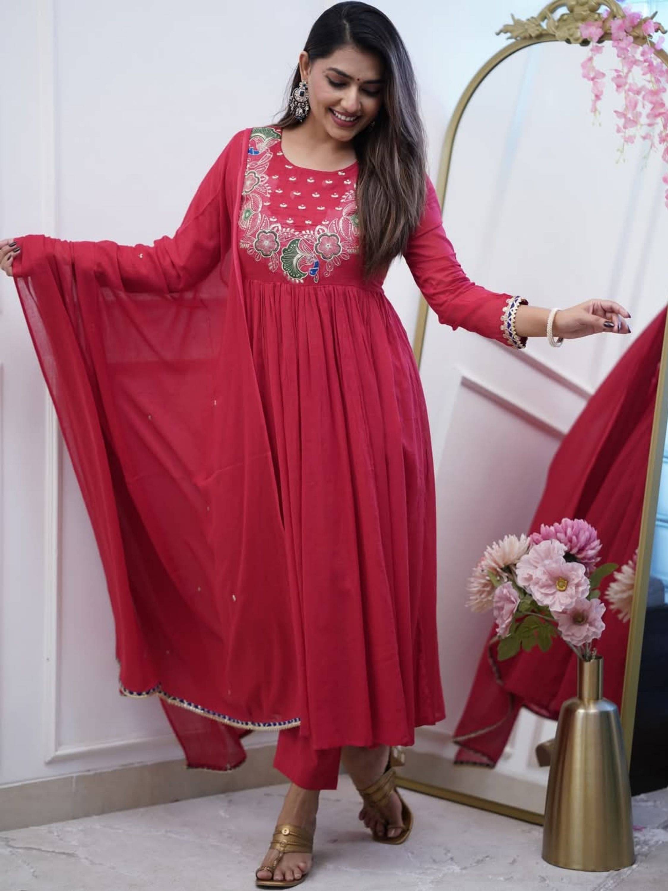     			Eeloo Silk Embroidered Kurti With Pants Women's Stitched Salwar Suit - Maroon ( Pack of 1 )