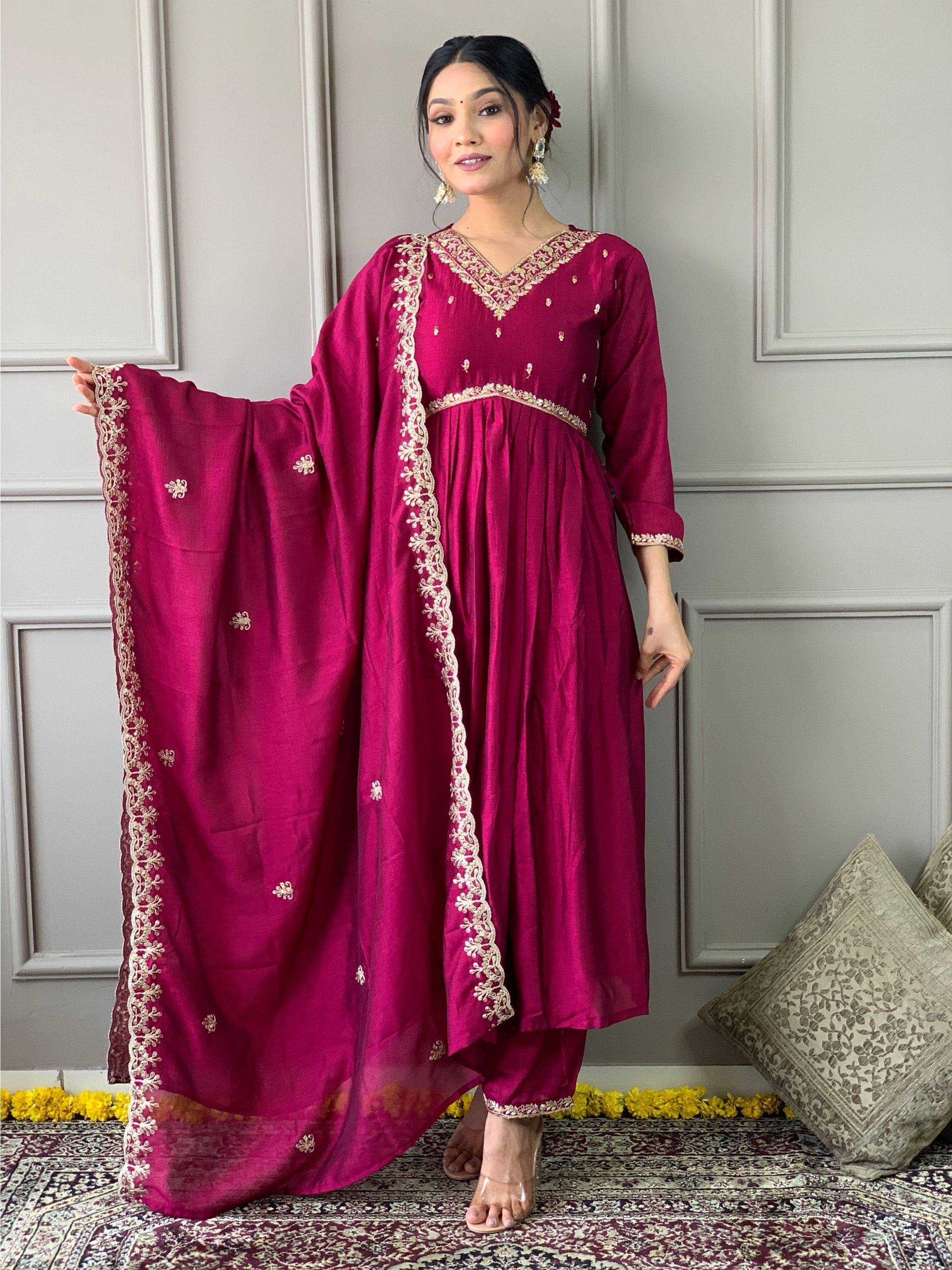     			Eeloo Silk Embroidered Kurti With Pants Women's Stitched Salwar Suit - Maroon ( Pack of 1 )