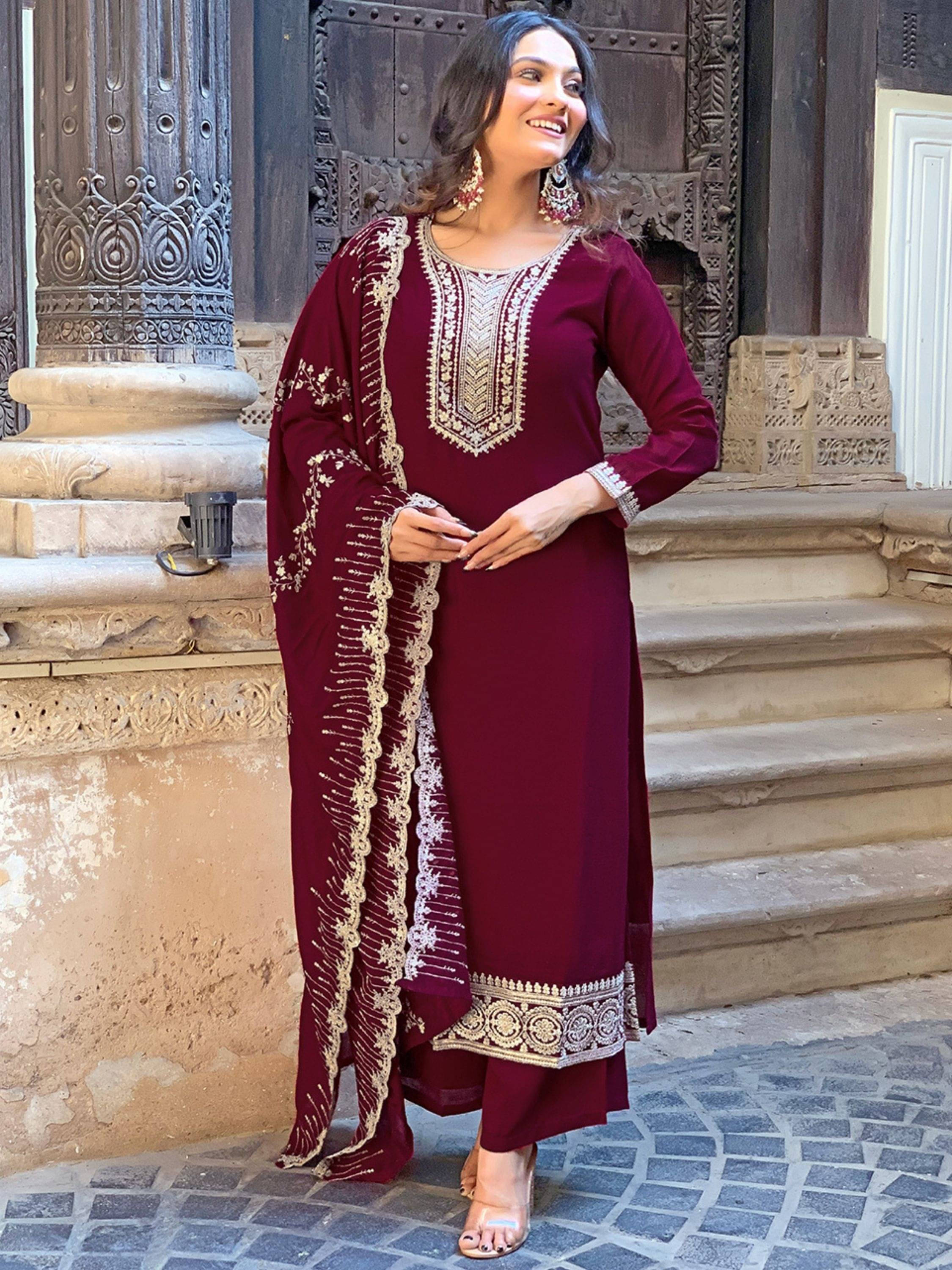 Eeloo Silk Embroidered Kurti With Pants Women's Stitched Salwar Suit - Purple ( Pack of 1 ) Eeloo Silk Embroidered Kurti With Pants Women's Stitched Salwar Suit - Purple ( Pack of 1 )