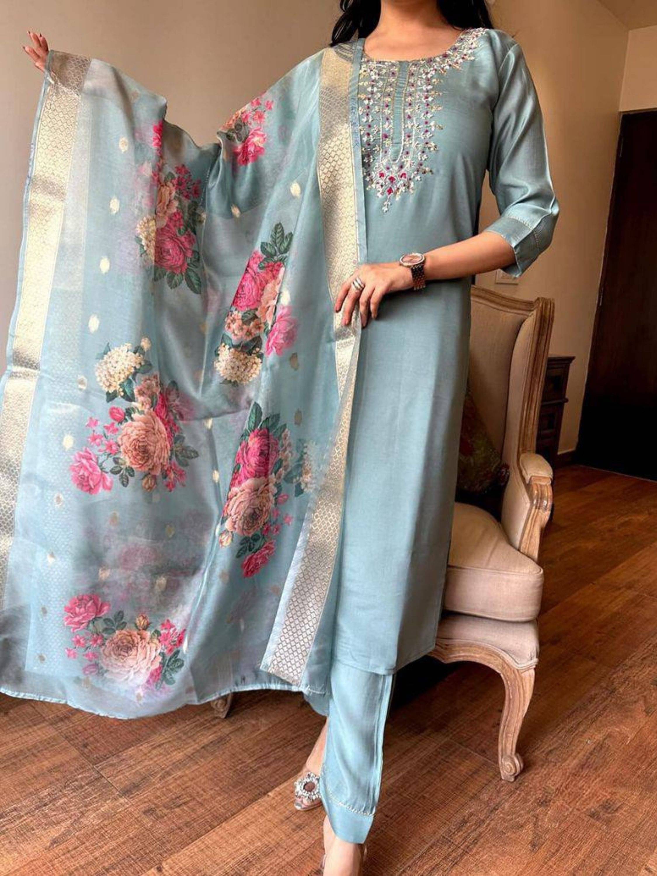 Eeloo Viscose Embroidered Kurti With Pants Women's Stitched Salwar Suit - Grey ( Pack of 1 ) Eeloo Viscose Embroidered Kurti With Pants Women's Stitched Salwar Suit - Grey ( Pack of 1 )