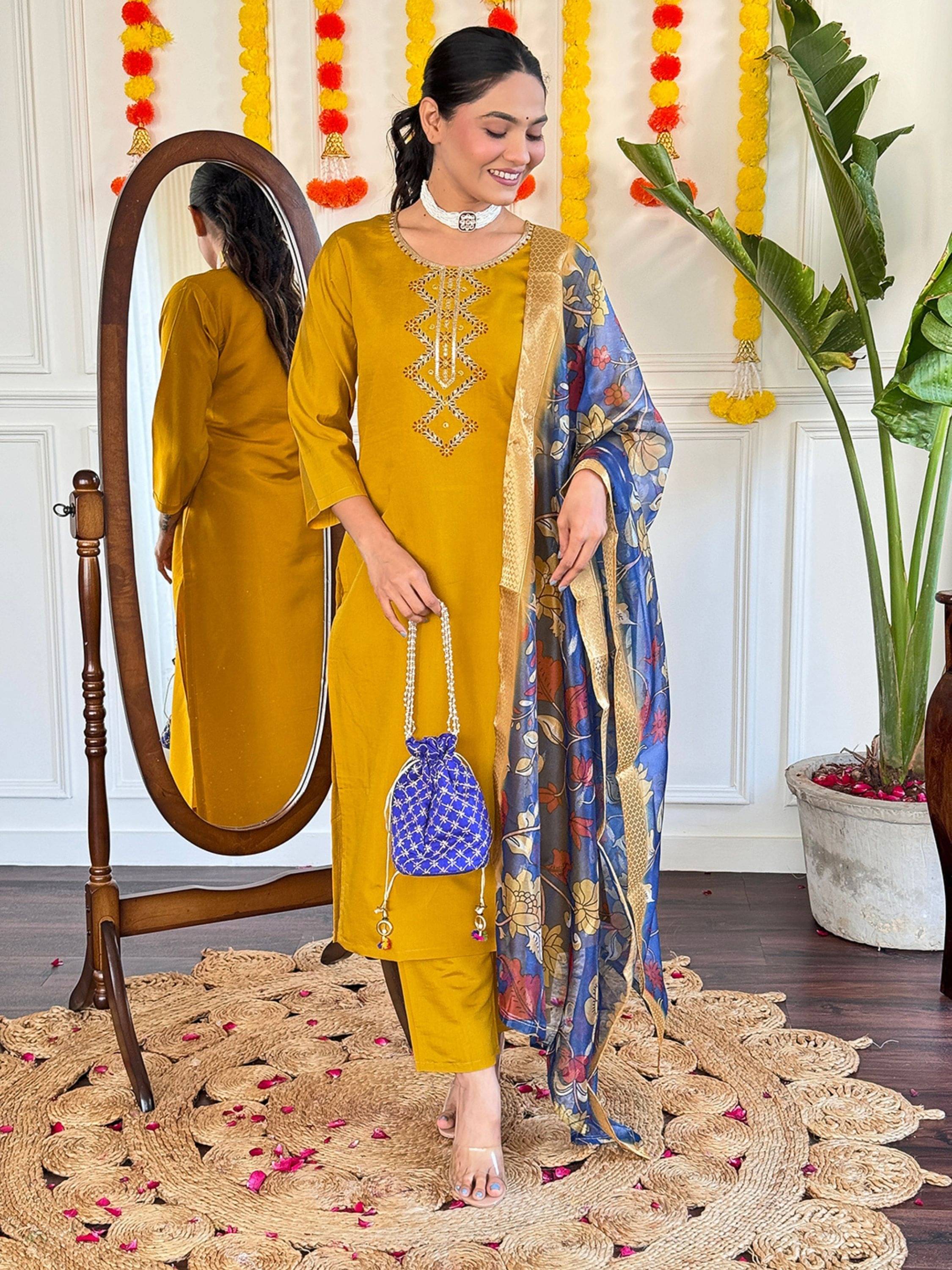     			Eeloo Viscose Embroidered Kurti With Pants Women's Stitched Salwar Suit - Mustard ( Pack of 1 )
