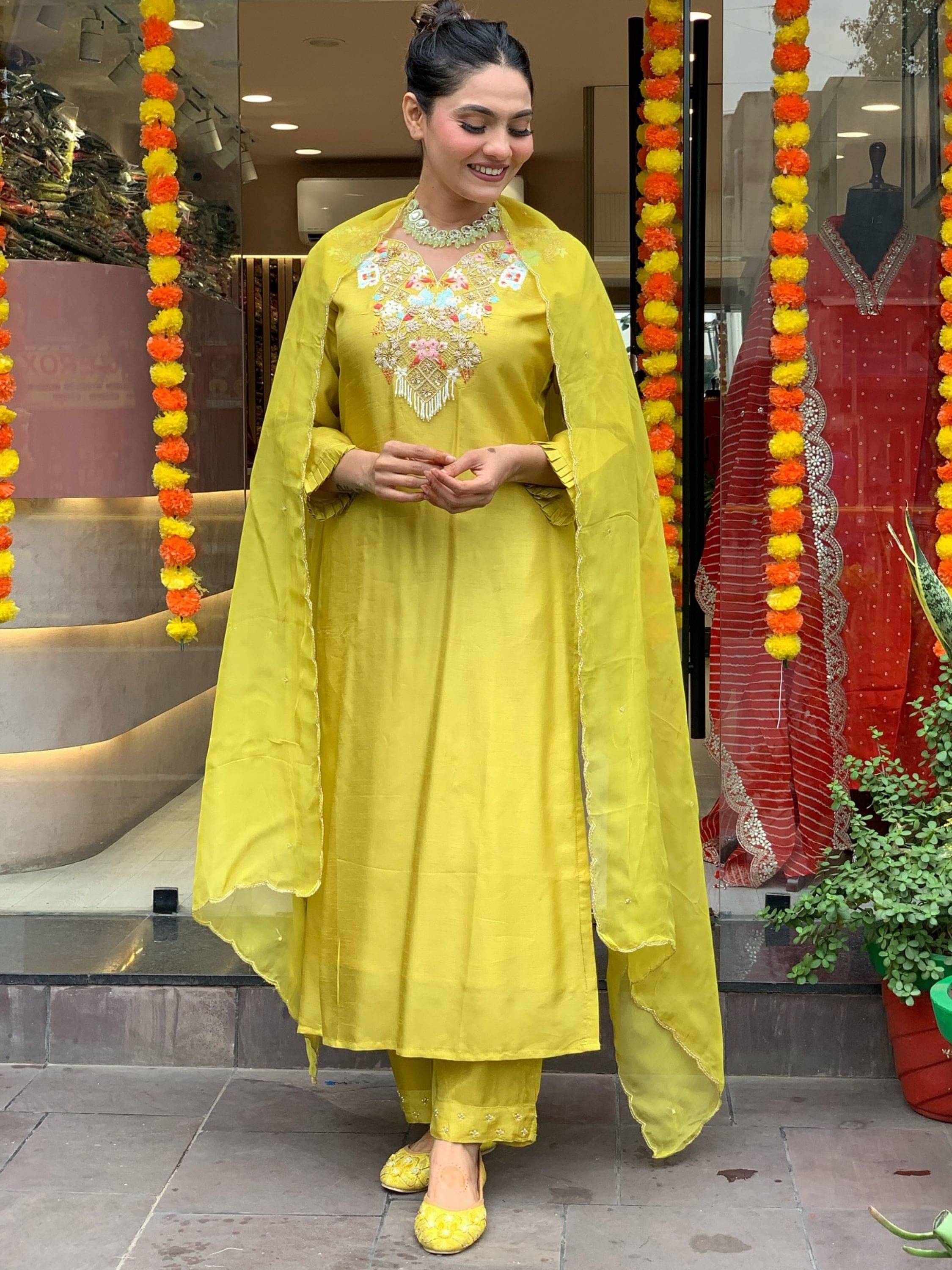 Eeloo Viscose Embroidered Kurti With Pants Women's Stitched Salwar Suit - Yellow ( Pack of 1 ) Eeloo Viscose Embroidered Kurti With Pants Women's Stitched Salwar Suit - Yellow ( Pack of 1 )