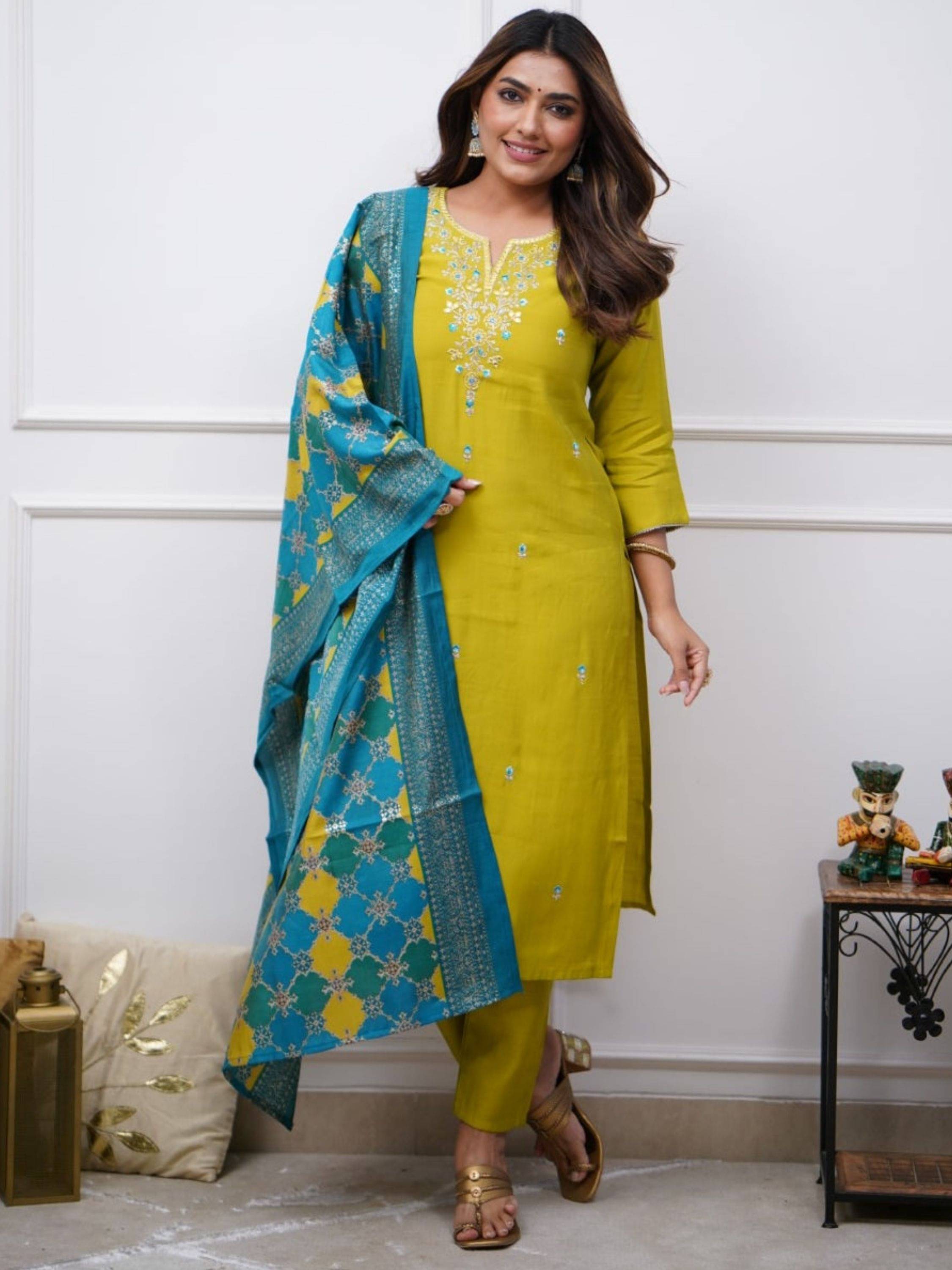 Eeloo Viscose Embroidered Kurti With Pants Women's Stitched Salwar Suit - Lemon Yellow ( Pack of 1 ) Eeloo Viscose Embroidered Kurti With Pants Women's Stitched Salwar Suit - Lemon Yellow ( Pack of 1 )