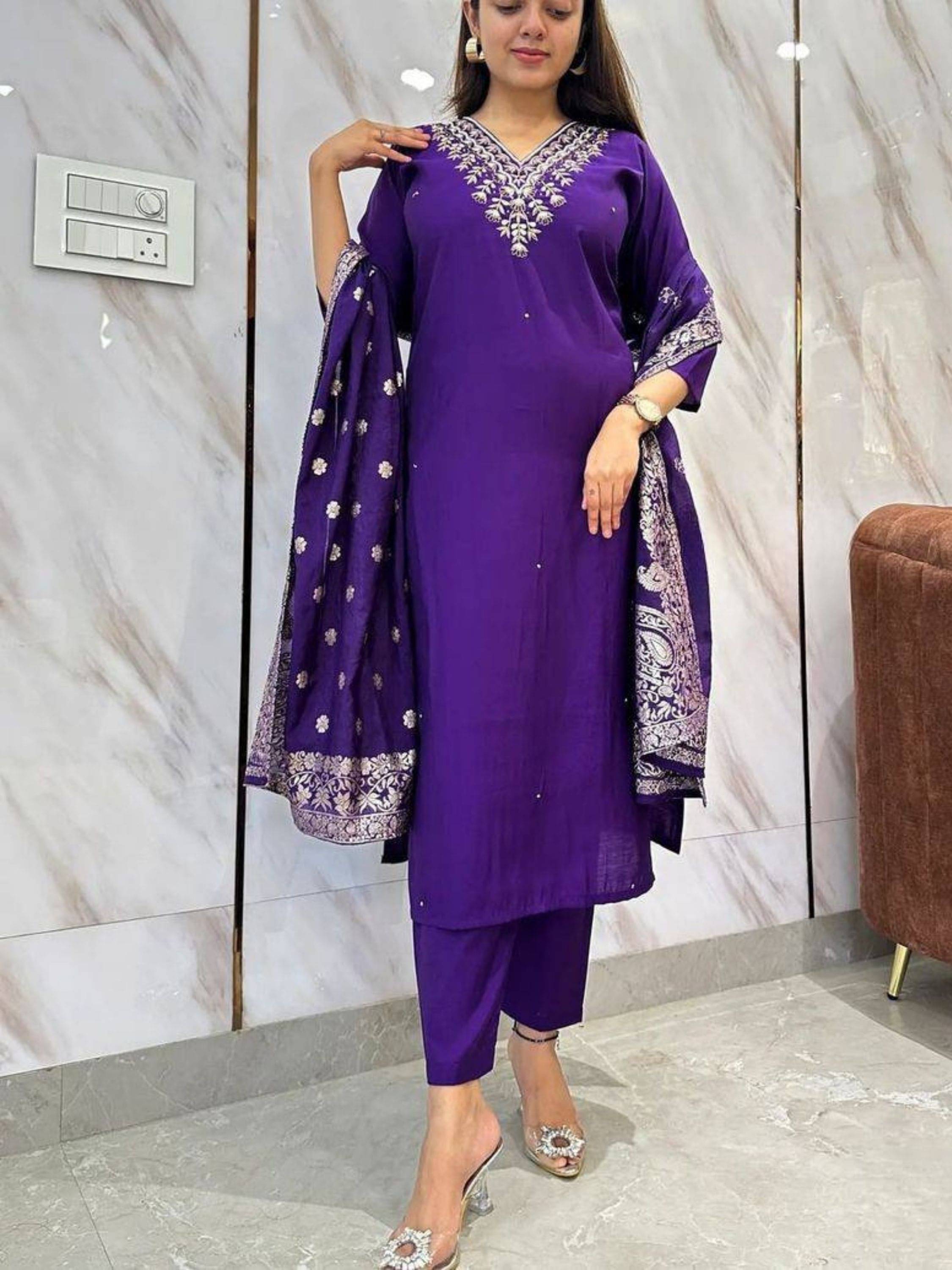 Eeloo Viscose Embroidered Kurti With Pants Women's Stitched Salwar Suit - Purple ( Pack of 1 ) Eeloo Viscose Embroidered Kurti With Pants Women's Stitched Salwar Suit - Purple ( Pack of 1 )