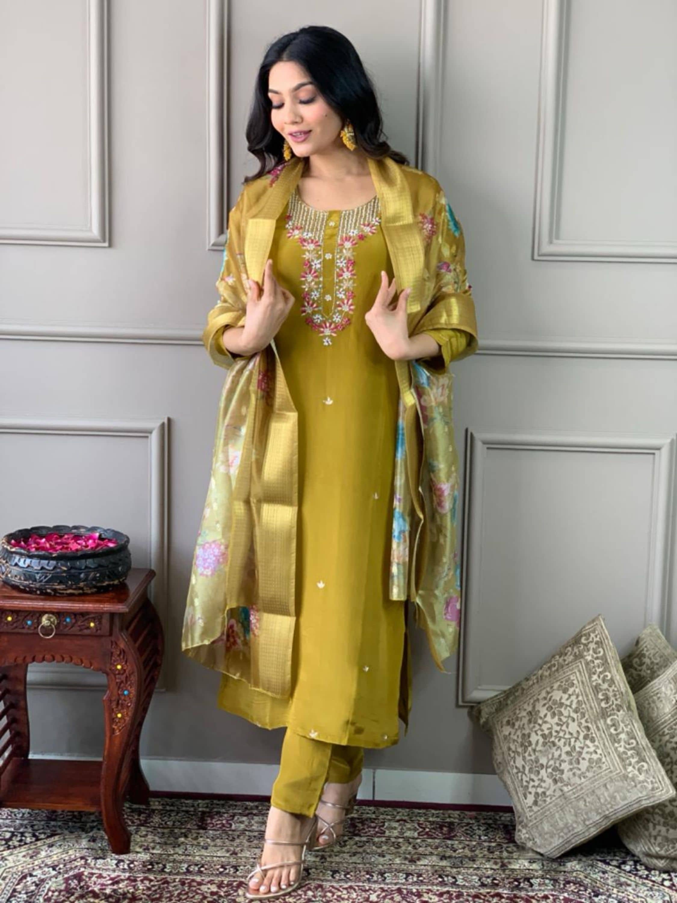 Eeloo Viscose Embroidered Kurti With Pants Women's Stitched Salwar Suit - Yellow ( Pack of 1 )