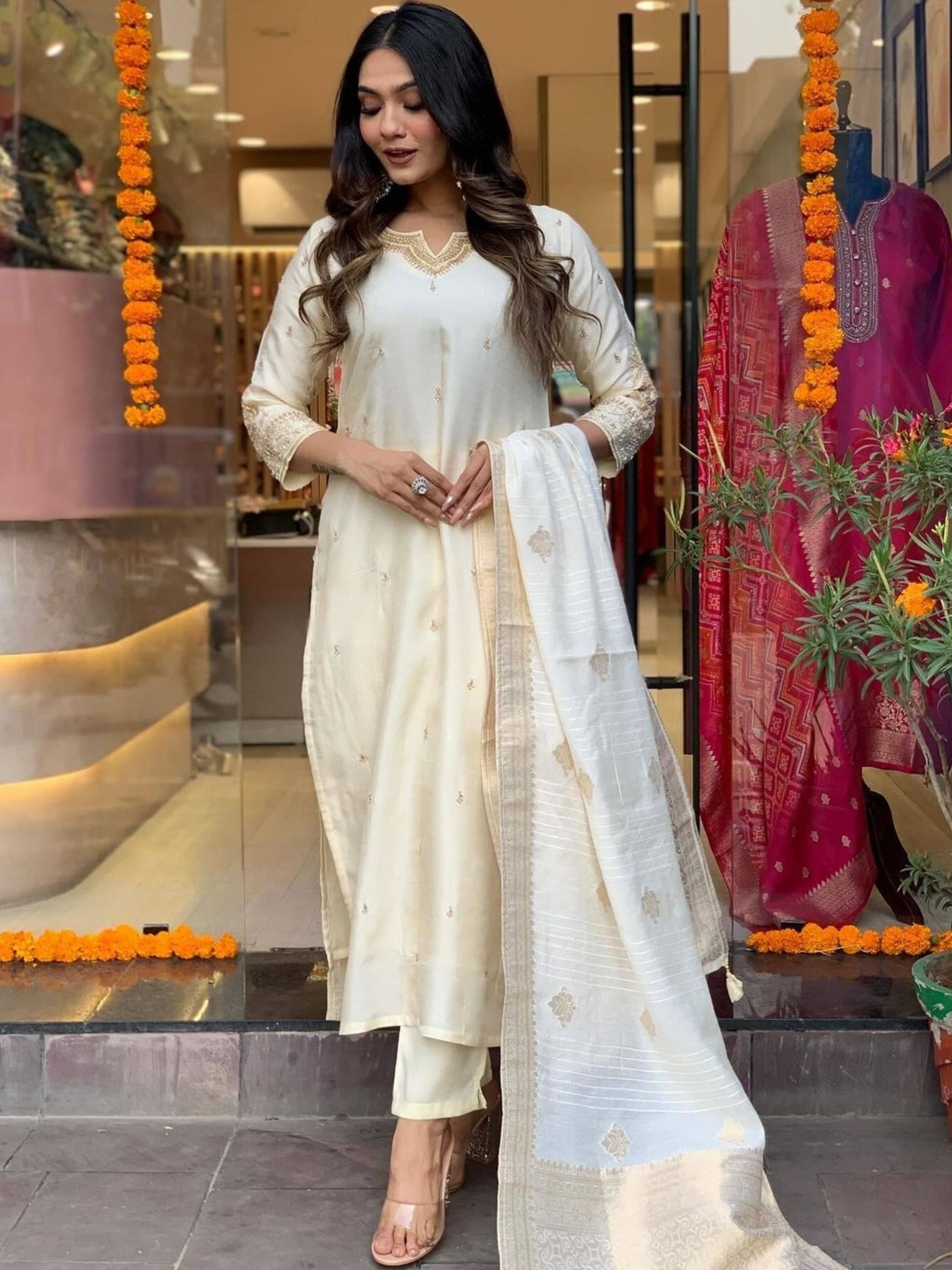 Eeloo Viscose Embroidered Kurti With Pants Women's Stitched Salwar Suit - White ( Pack of 1 )     			Eeloo Viscose Embroidered Kurti With Pants Women's Stitched Salwar Suit - White ( Pack of 1 )