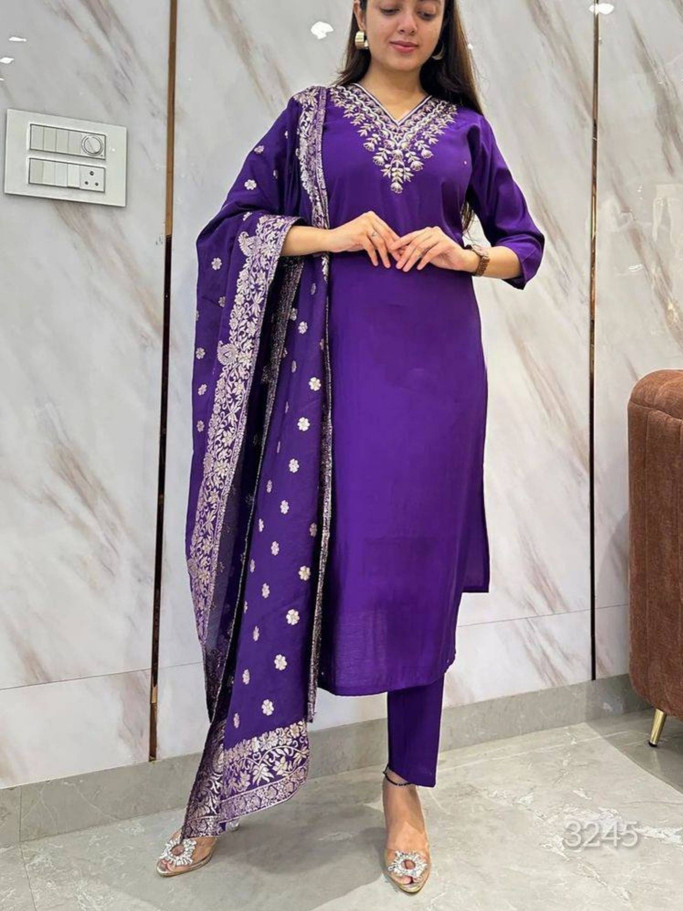     			Eeloo Viscose Embroidered Kurti With Pants Women's Stitched Salwar Suit - Purple ( Pack of 1 )