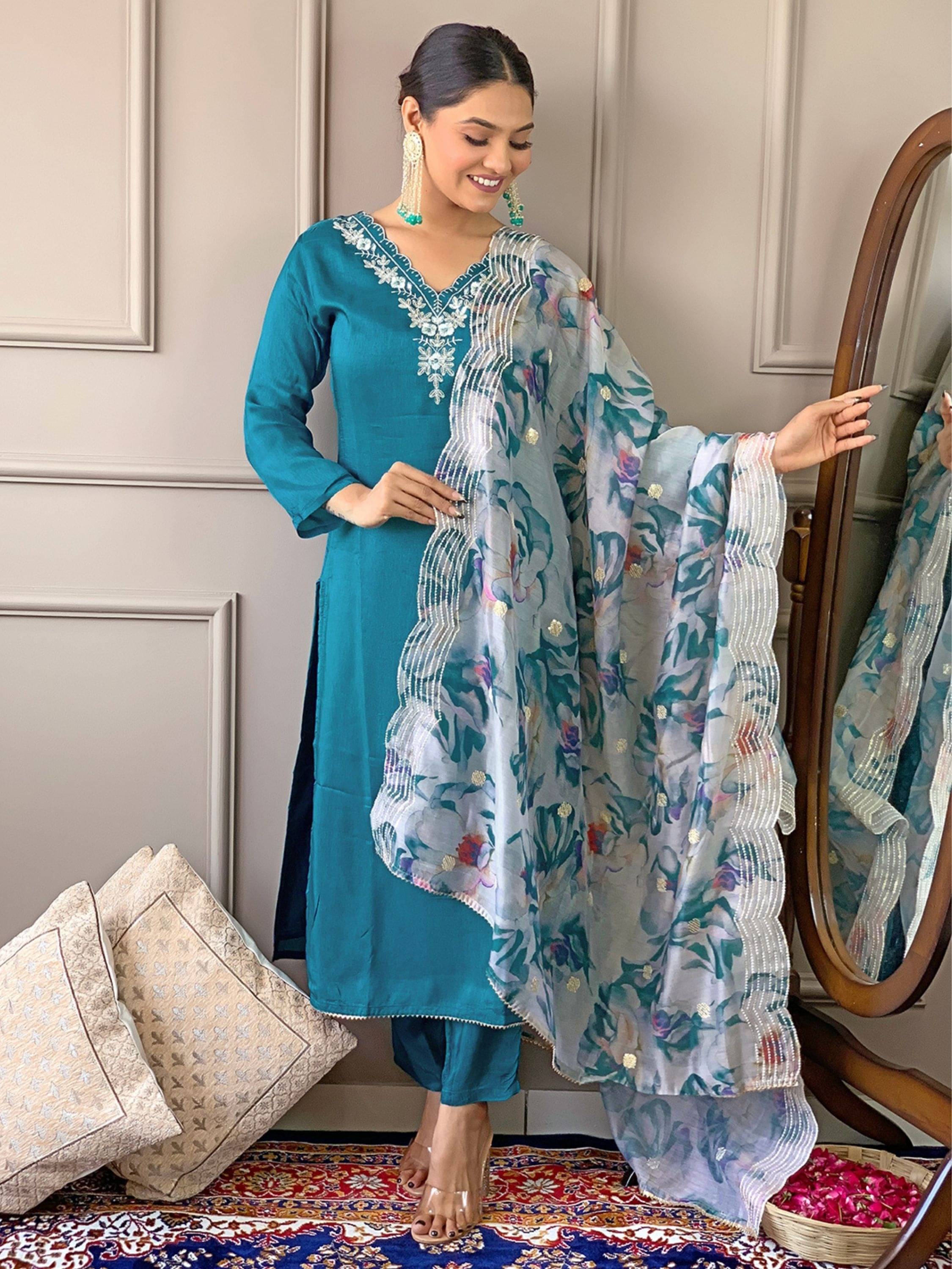     			Eeloo Viscose Embroidered Kurti With Pants Women's Stitched Salwar Suit - Blue ( Pack of 1 )