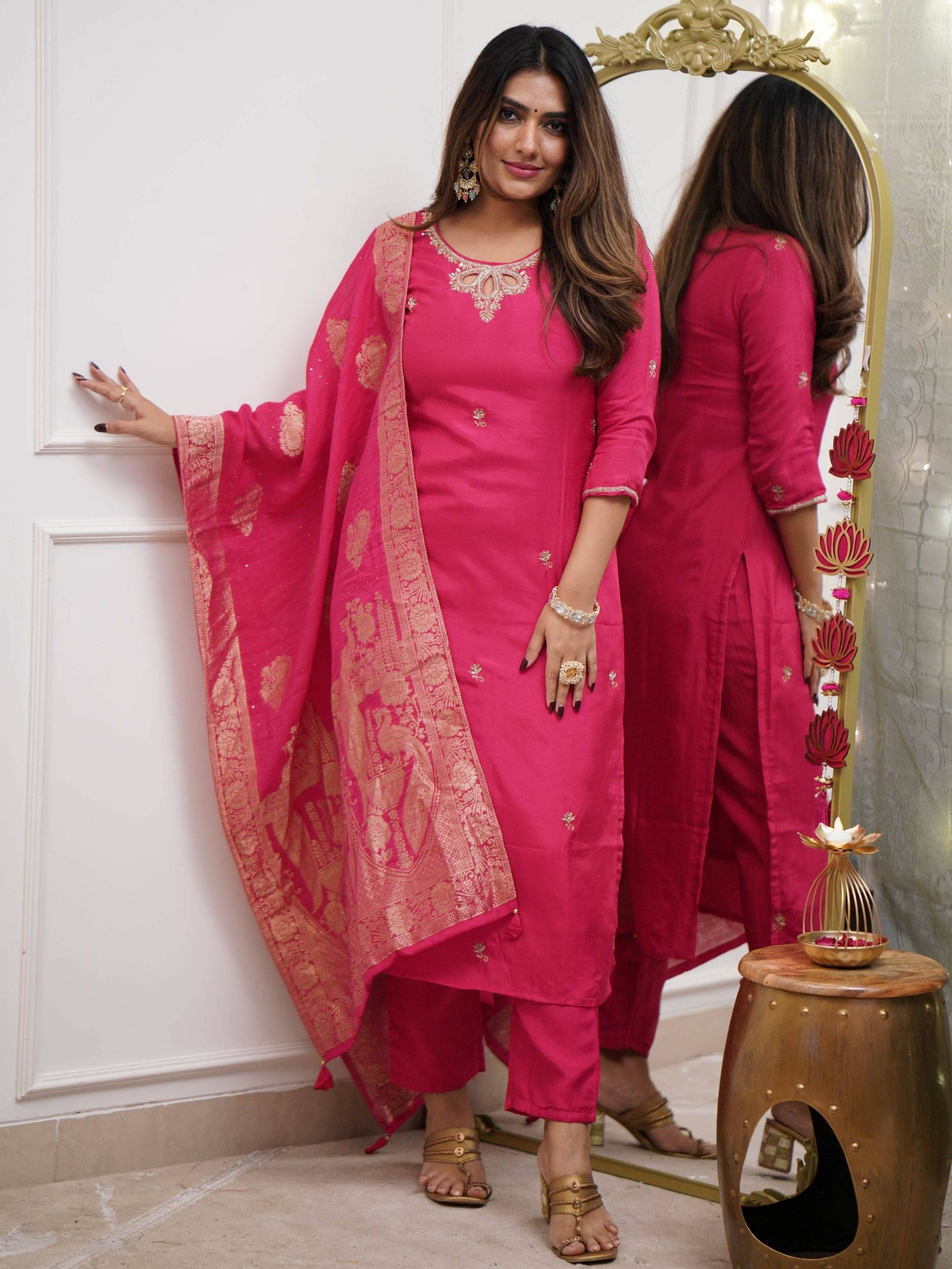     			Eeloo Viscose Embroidered Kurti With Pants Women's Stitched Salwar Suit - Pink ( Pack of 1 )