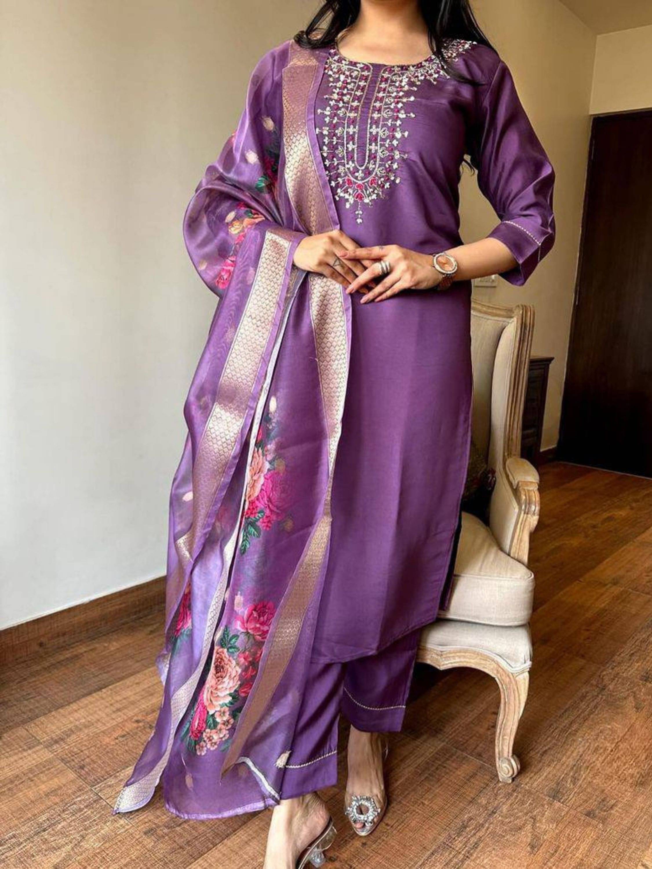 Eeloo Viscose Embroidered Kurti With Pants Women's Stitched Salwar Suit - Purple ( Pack of 1 ) Eeloo Viscose Embroidered Kurti With Pants Women's Stitched Salwar Suit - Purple ( Pack of 1 )