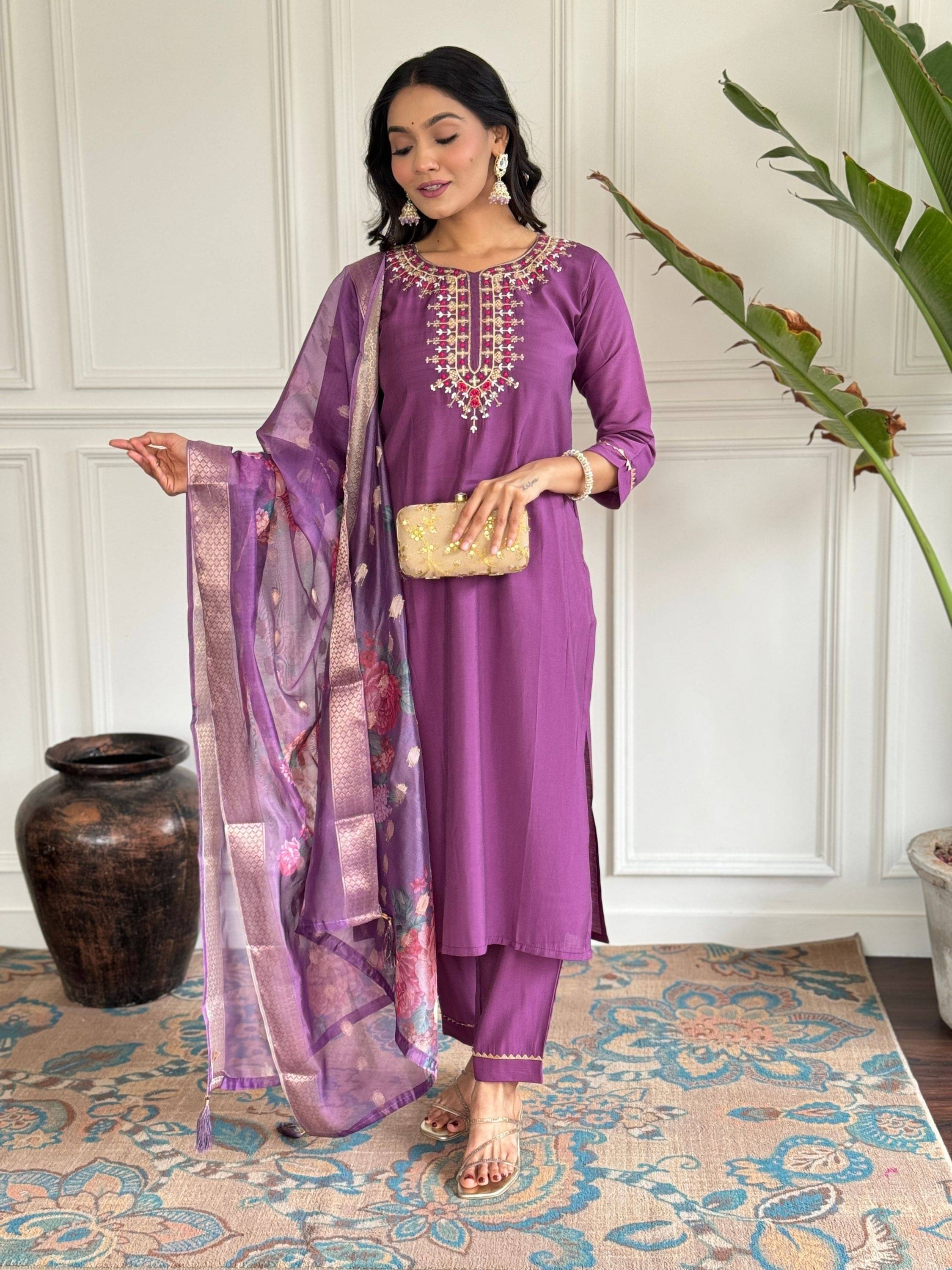 Eeloo Viscose Embroidered Kurti With Pants Women's Stitched Salwar Suit - Purple ( Pack of 1 ) Eeloo Viscose Embroidered Kurti With Pants Women's Stitched Salwar Suit - Purple ( Pack of 1 )