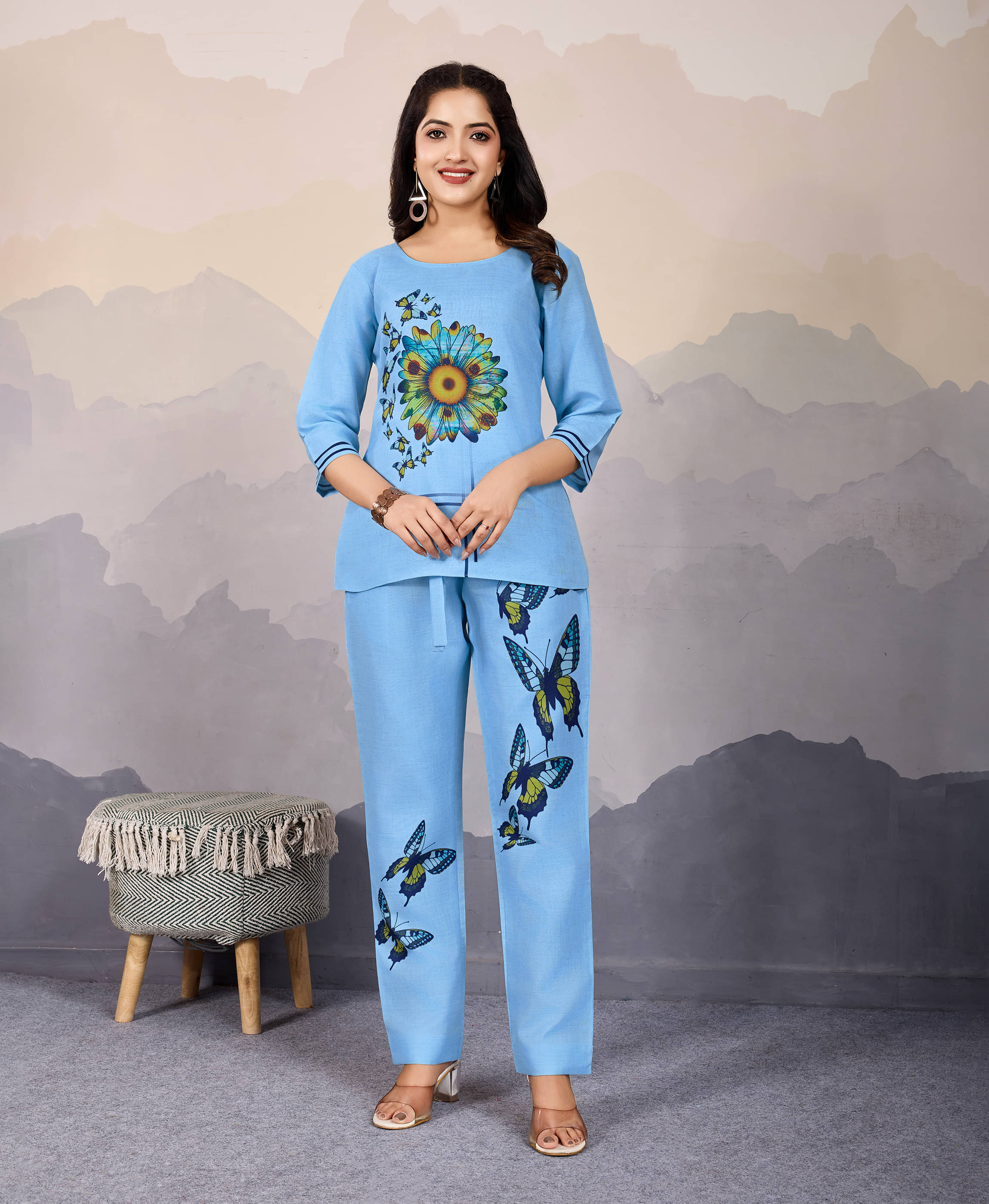     			MOJILAA Women Printed Top With Trousers Co-Ord Set ( Blue )