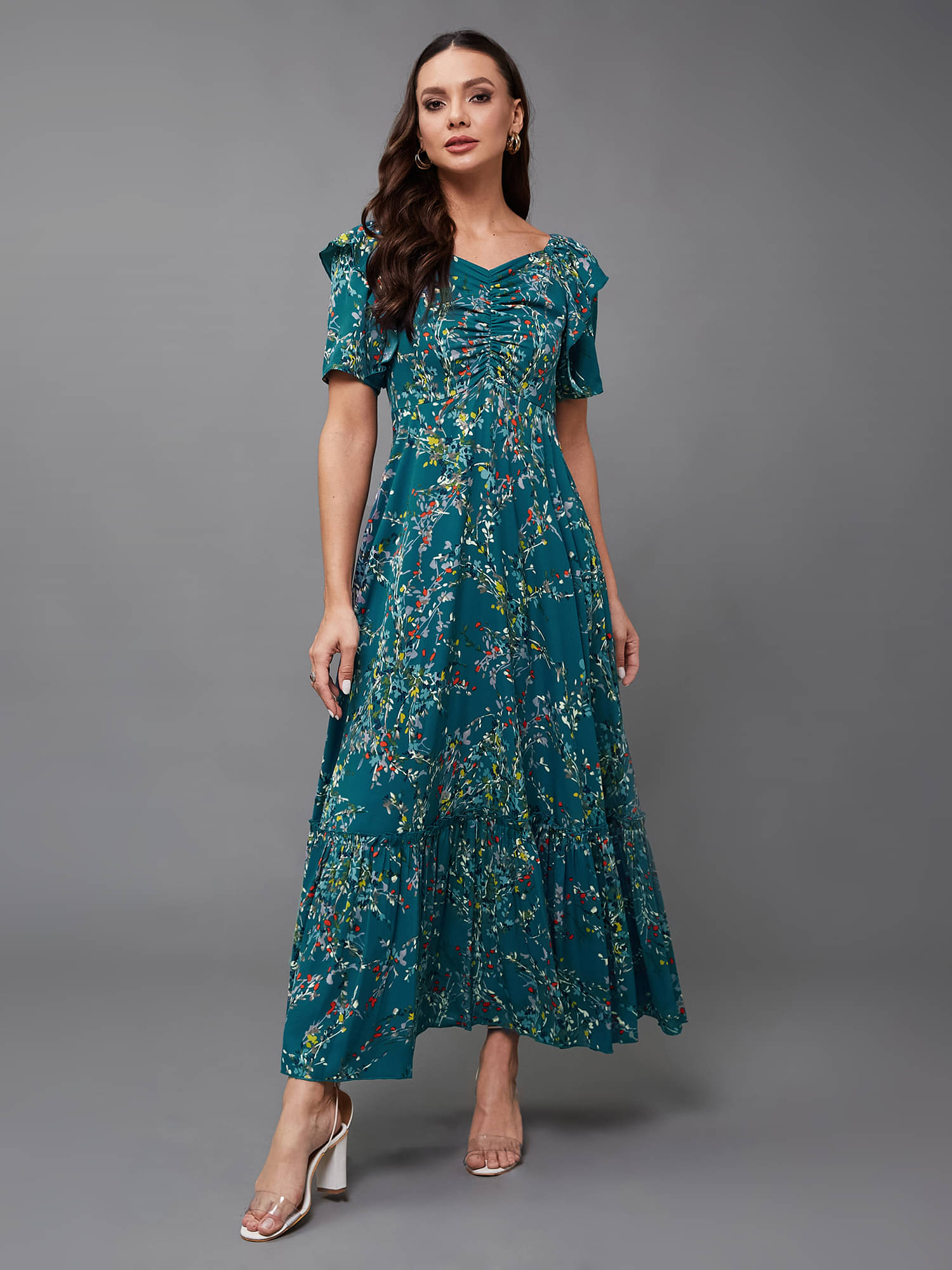 Miss Chase Women Crepe Printed Fit & Flare Dress ( Turquoise ) Miss Chase Women Crepe Printed Fit & Flare Dress ( Turquoise )