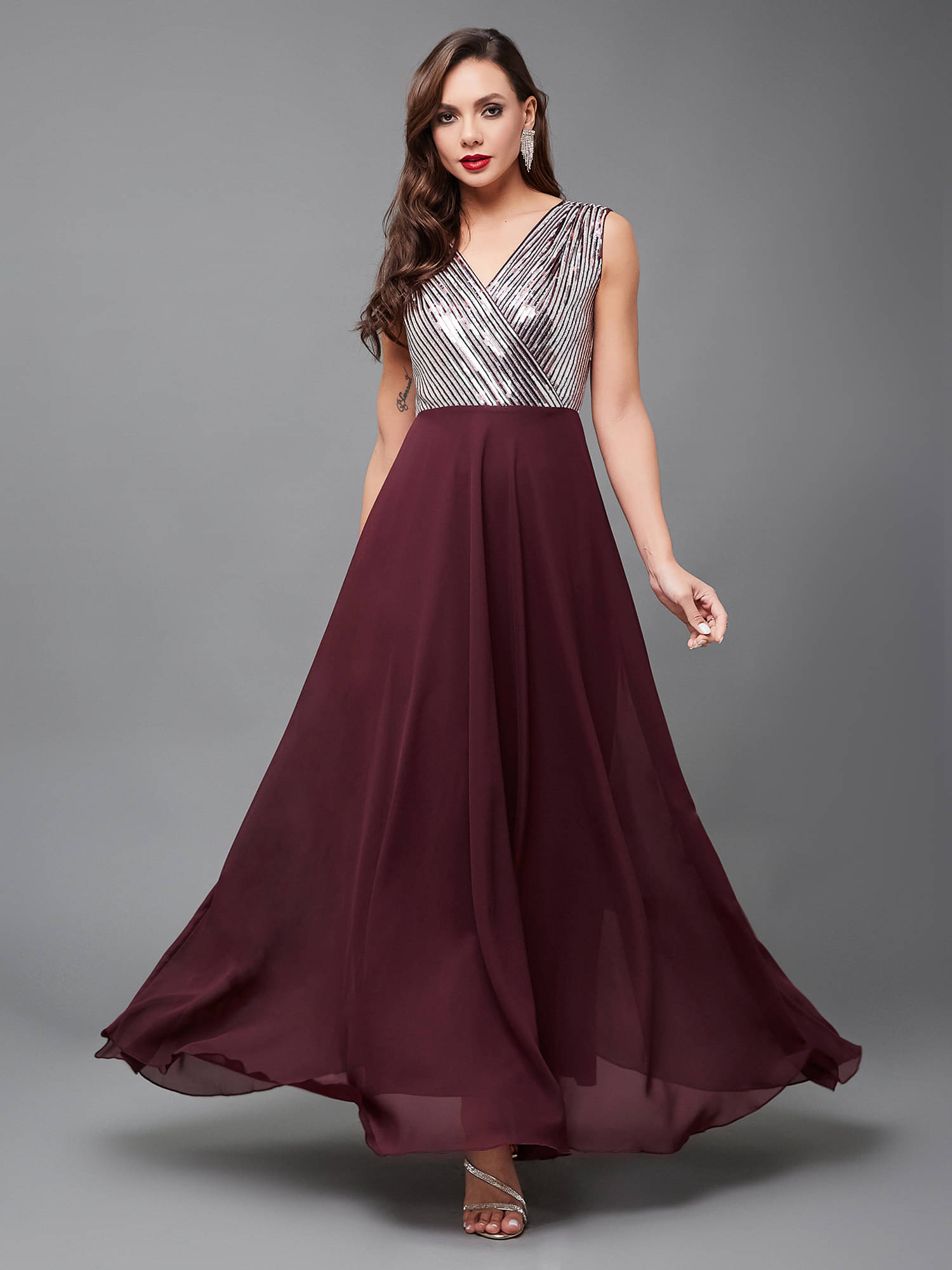     			Miss Chase Women Georgette Embellished Wrap Dress ( Wine )