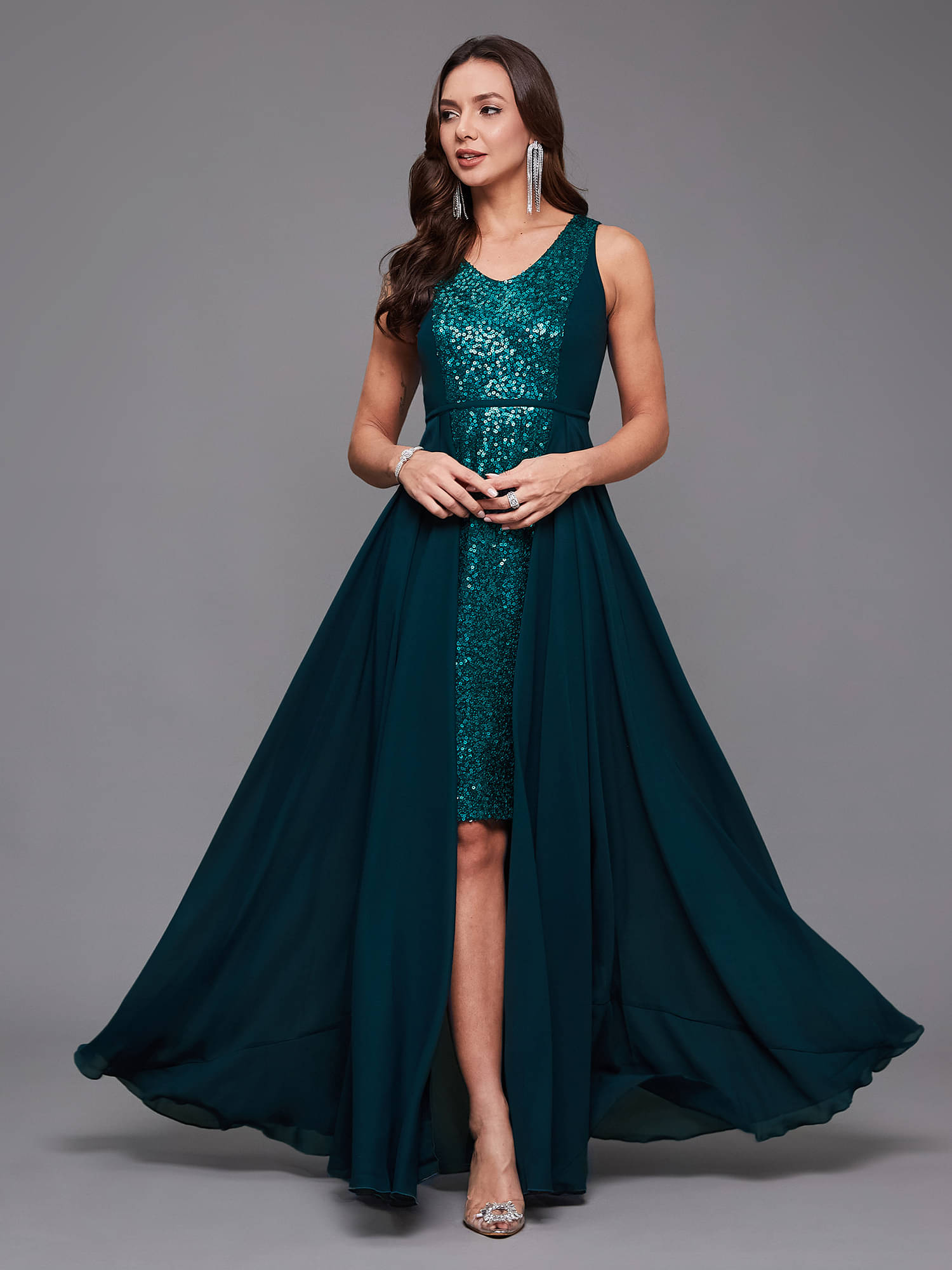 Miss Chase Women Georgette Embellished Fit & Flare Dress ( Teal ) Miss Chase Women Georgette Embellished Fit & Flare Dress ( Teal )