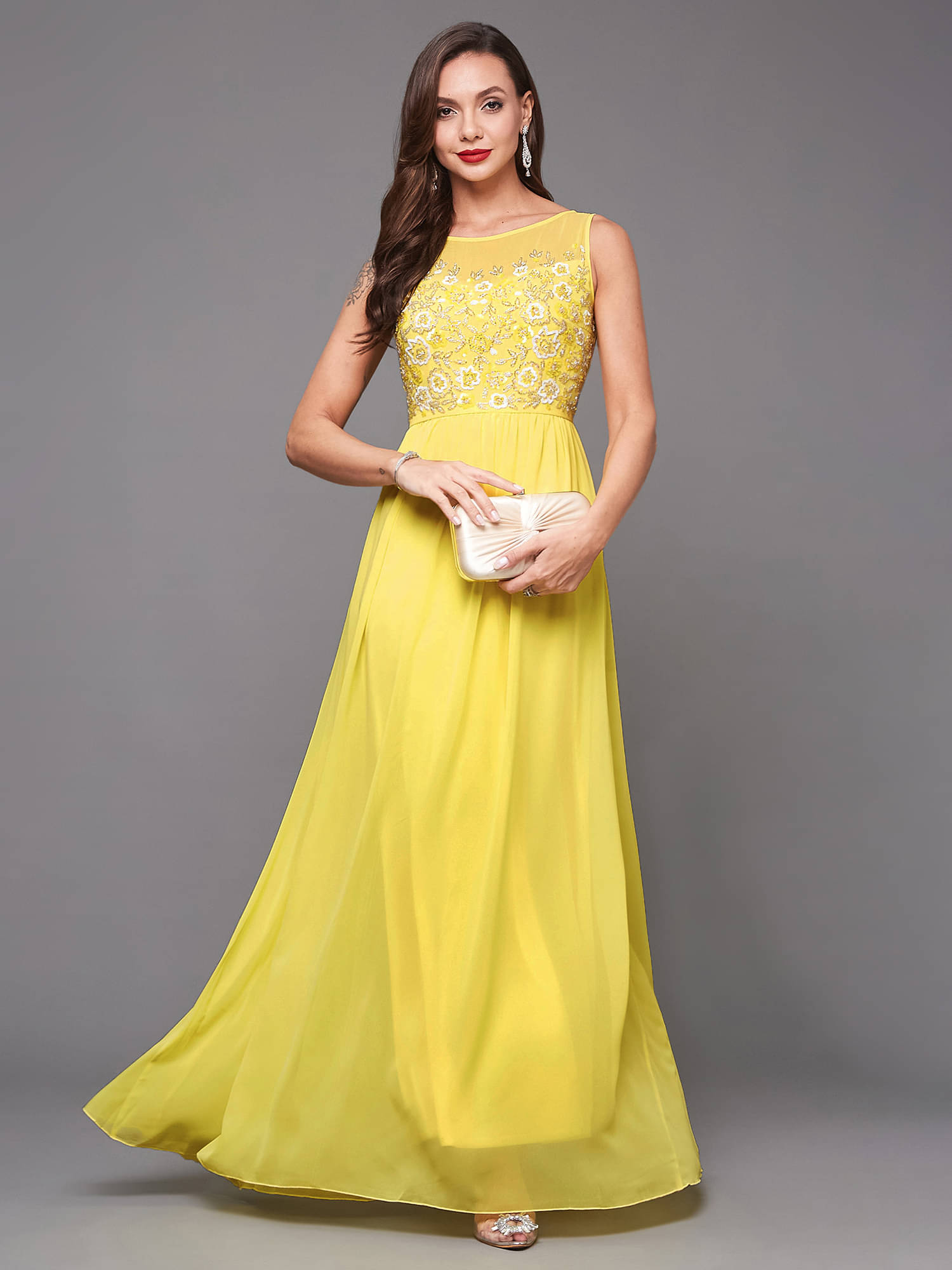     			Miss Chase Women Georgette Embroidered Maxi ( Yellow )