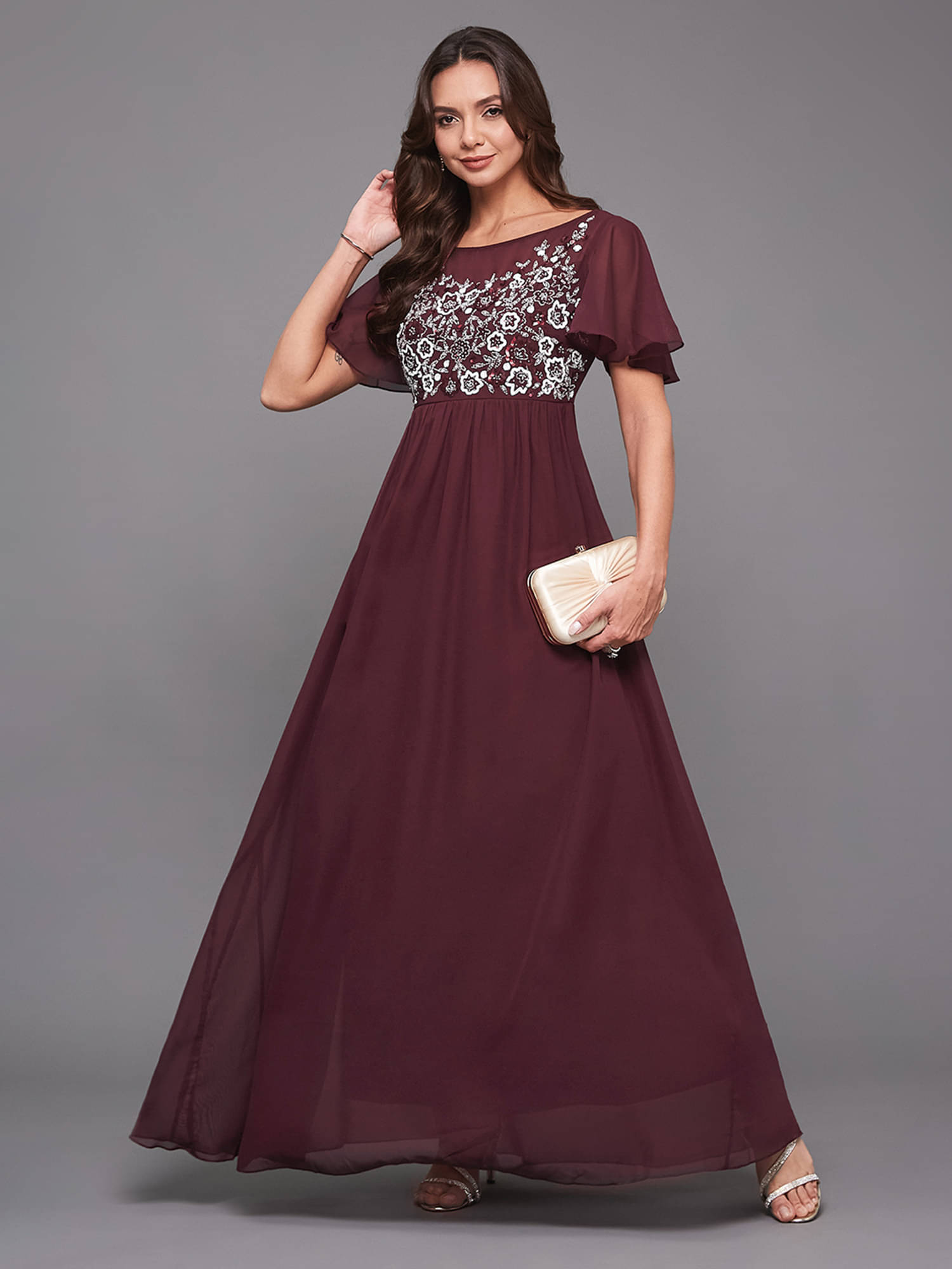 Miss Chase Women Georgette Embroidered Maxi ( Wine ) Miss Chase Women Georgette Embroidered Maxi ( Wine )