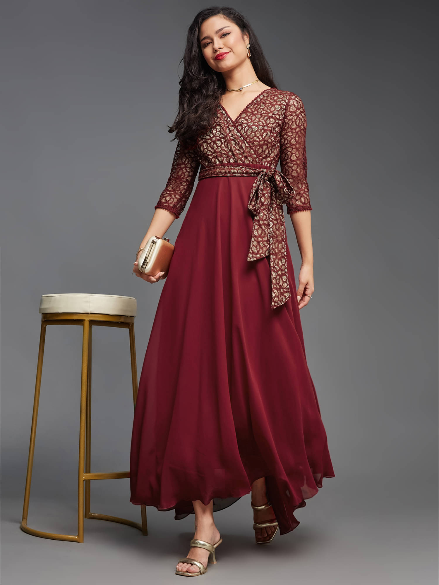 Miss Chase Women Georgette Printed Wrap Dress ( Maroon ) Miss Chase Women Georgette Printed Wrap Dress ( Maroon )