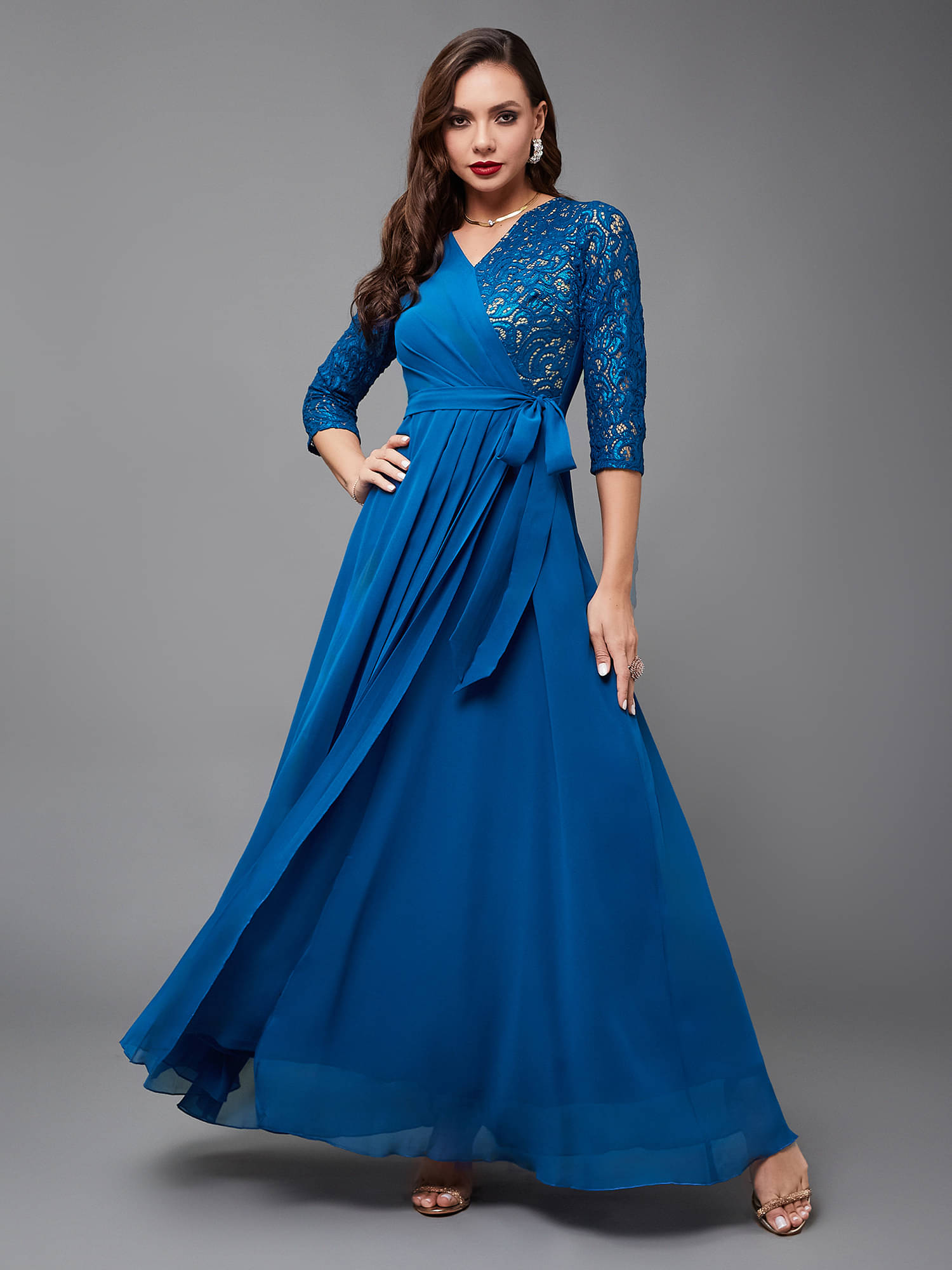 Miss Chase Women Georgette Self Design Wrap Dress ( Blue ) Miss Chase Women Georgette Self Design Wrap Dress ( Blue )
