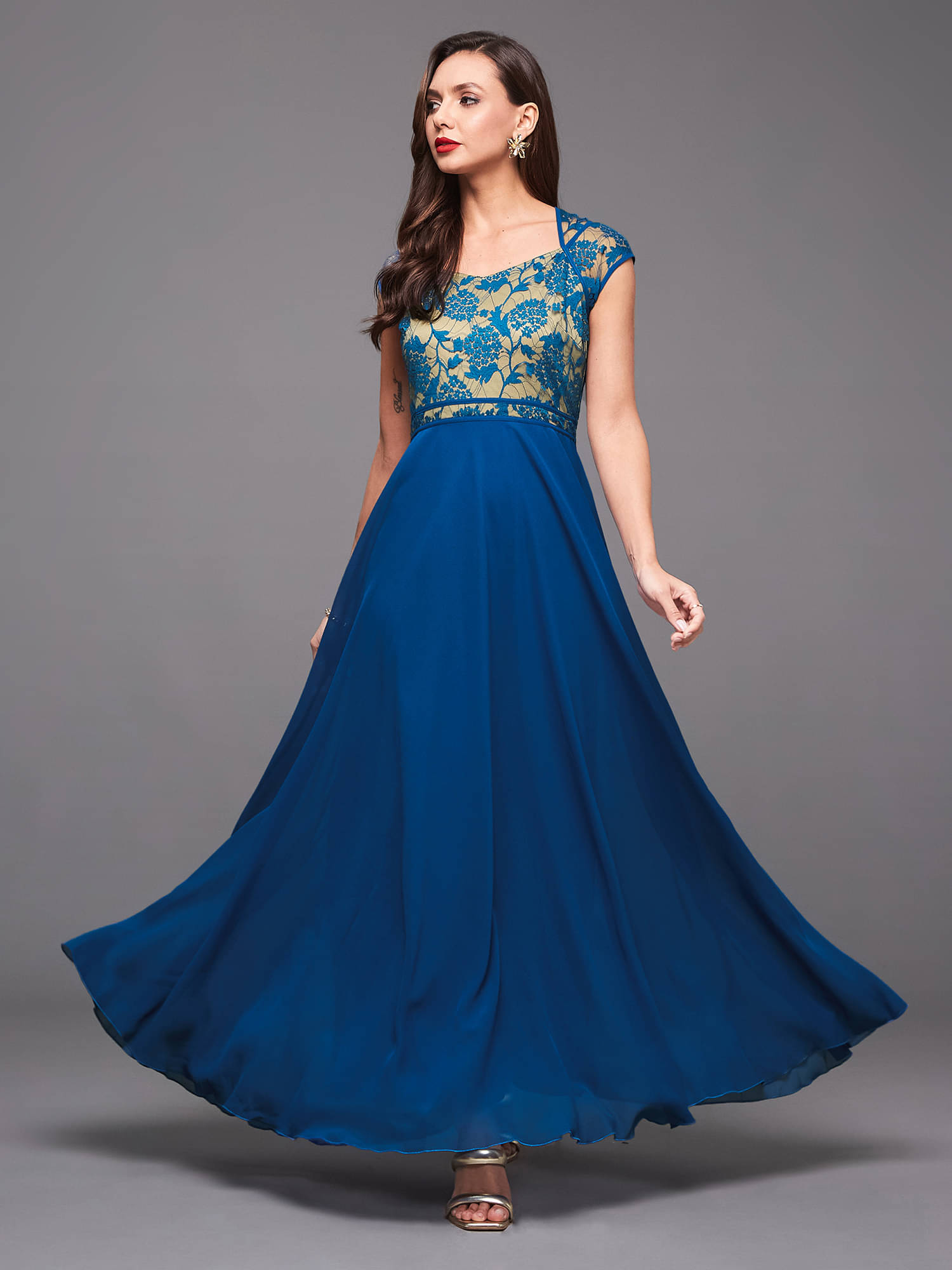 Miss Chase Women Georgette Printed Fit & Flare Dress ( Blue ) Miss Chase Women Georgette Printed Fit & Flare Dress ( Blue )