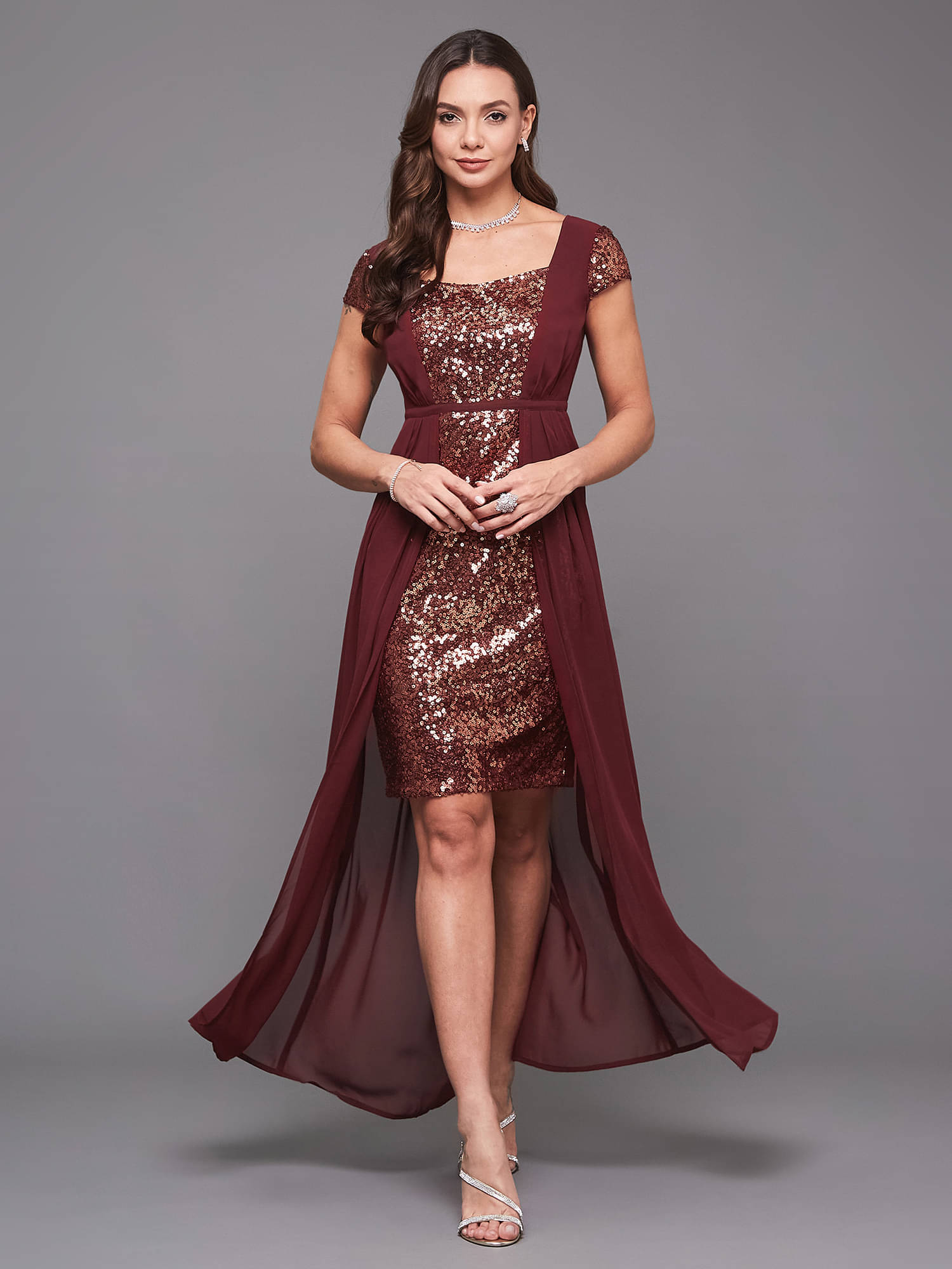     			Miss Chase Women Georgette Solid Fit & Flare Dress ( Wine )