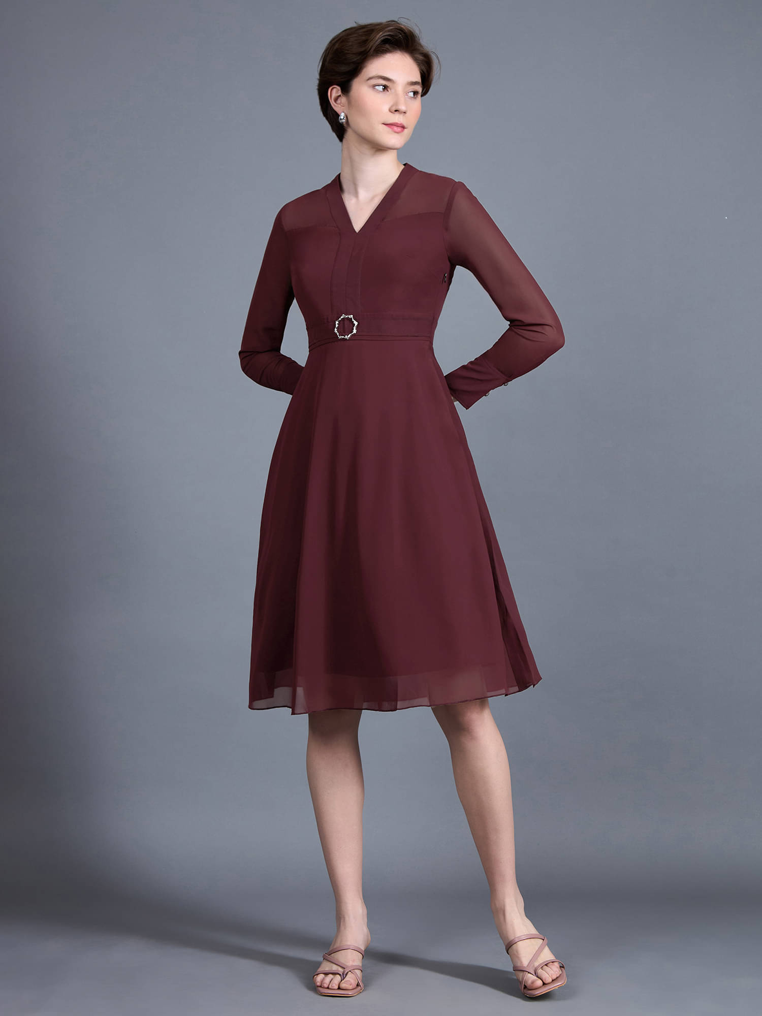     			Miss Chase Women Georgette Solid Fit & Flare Dress ( Maroon )
