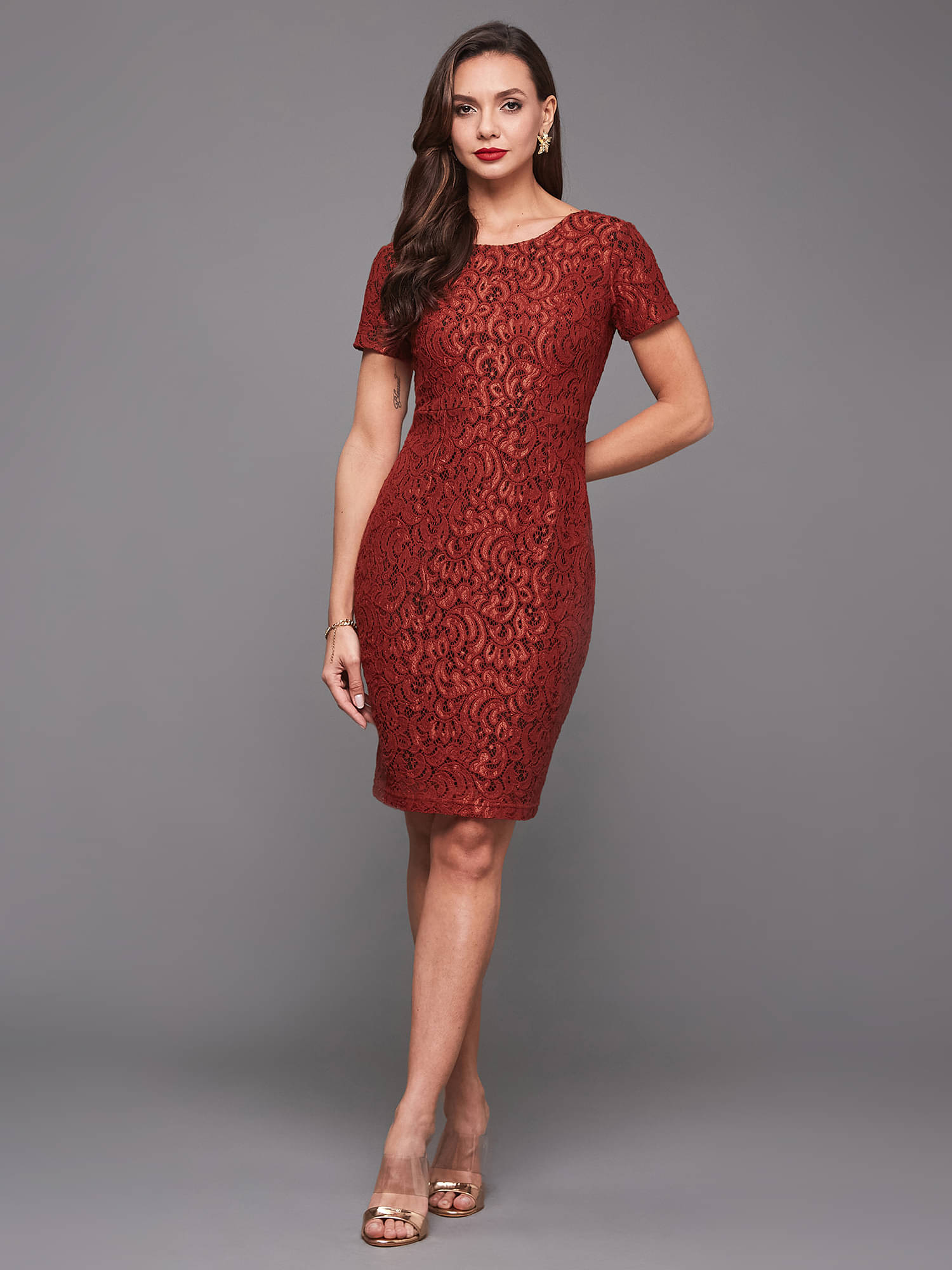     			Miss Chase Women Lace Self Design Bodycon Dress ( Brown )