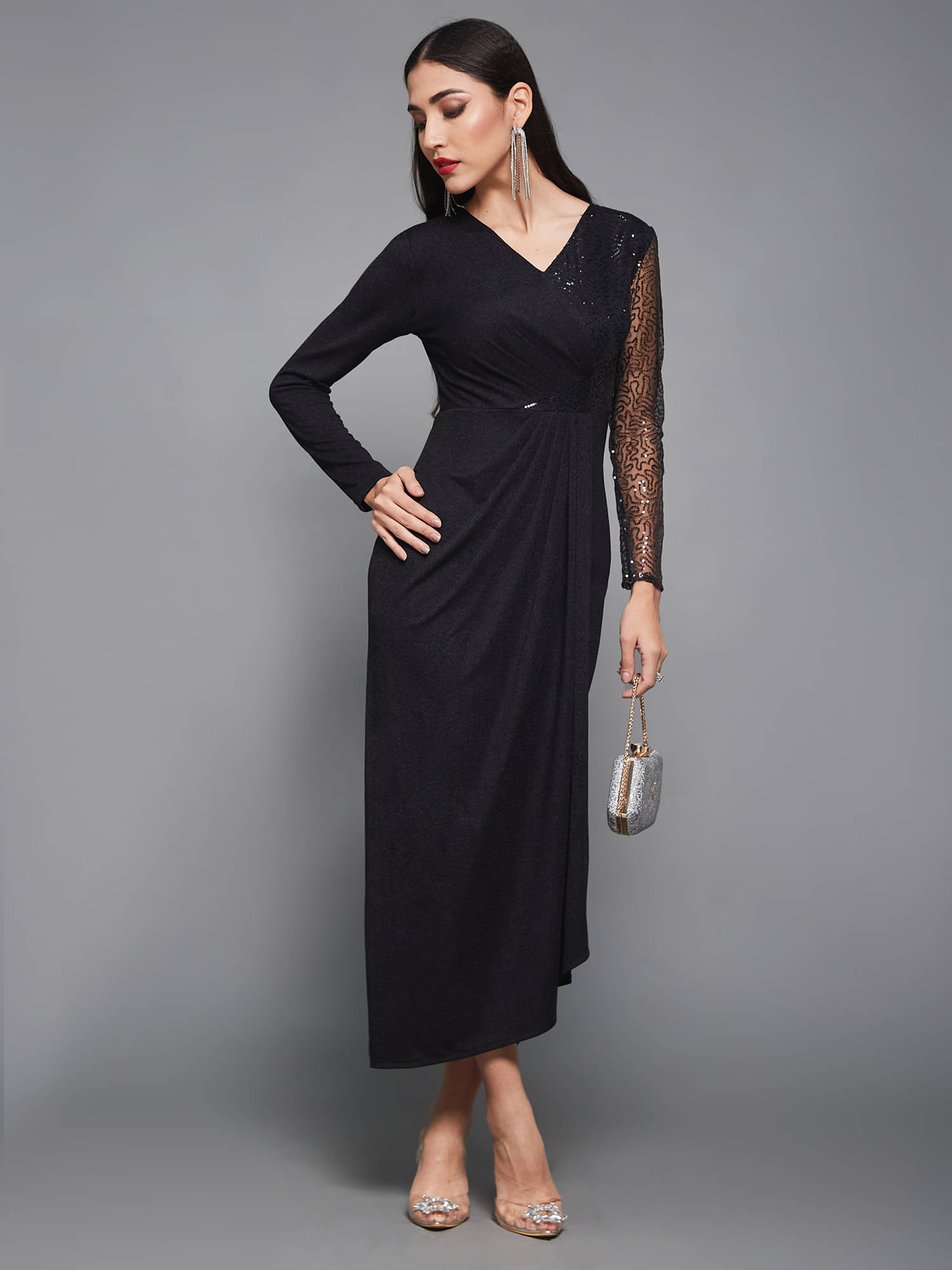 Miss Chase Women Polyester Embellished Asymmetric Dress ( Black ) Miss Chase Women Polyester Embellished Asymmetric Dress ( Black )