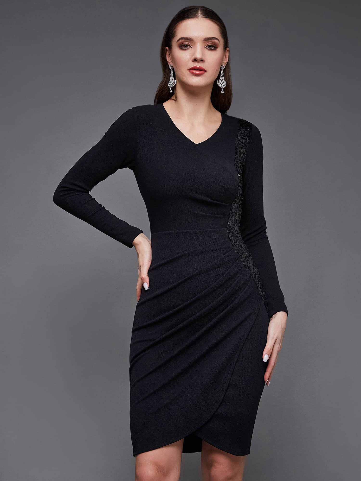     			Miss Chase Women Polyester Embellished Wrap Dress ( Black )