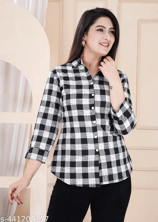 NAV DURGA FASHION Women Checks Cotton Shirt ( White ) NAV DURGA FASHION Women Checks Cotton Shirt ( White )